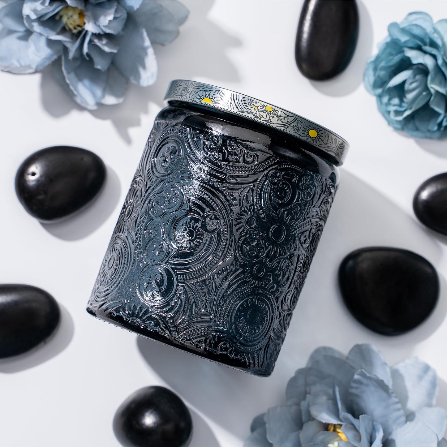 Art Secret 9-Pack 8oz Embossed Glass Candle Jars with Lids and Labels - Sun Moon Stars Design (Gray)