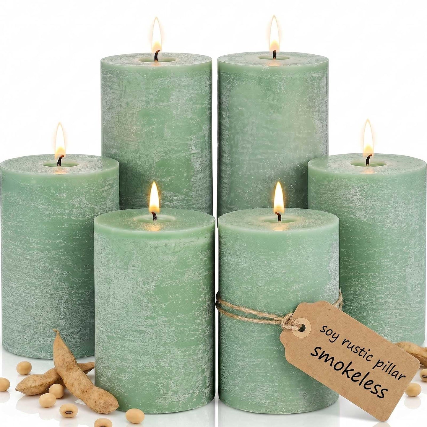 6 Pack Sage Green Soy Pillar Candles - 330H Total Burn Time - 2.8x4” Rustic Textured Natural Wax- Smokeless & Clean Burning Unscented Hand-Poured Candles for Spring Home, Modern Farmhouse Decor