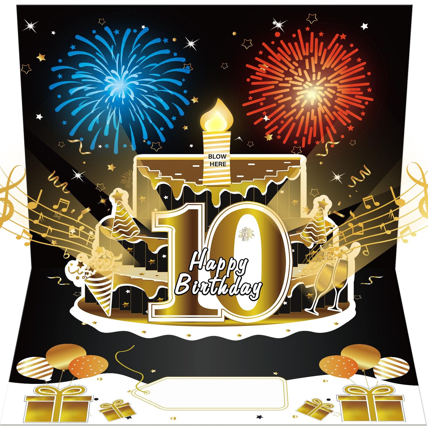 Turypaty 10th Birthday Cards Pop Up 3D Cake - Firework & Music & Blow Out Candle Light Funny Happy 10 Black Gold Birthday Card Gifts Party Decor for Kids, Boys, Girls, Son, Daughter, Grandson