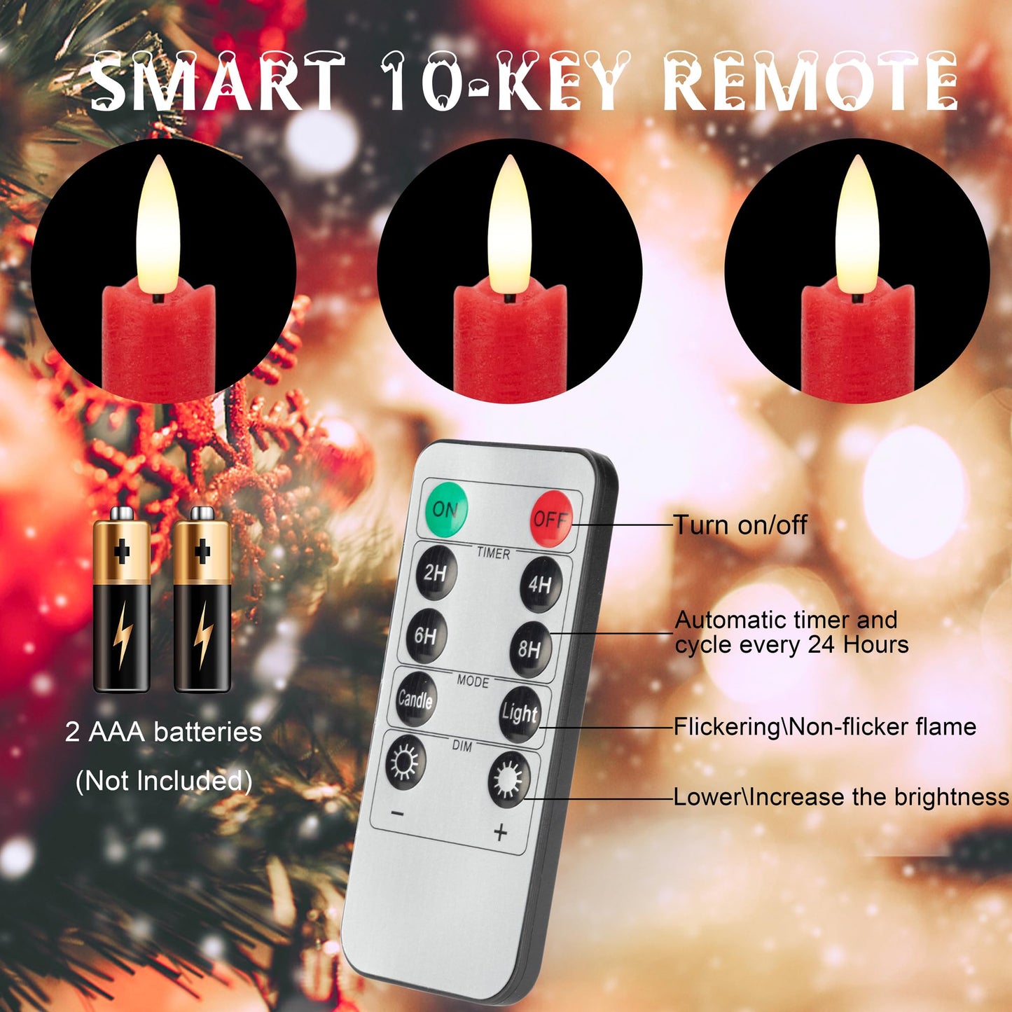 AFINETH Red Flameless Taper Candles with Rmote, 9.6" Real Wax Battery Operated Candles with 3D Wick, 3 Pack Christmas Led Candlesticks for Table, Home, Wedding, Party, Xmas Decor