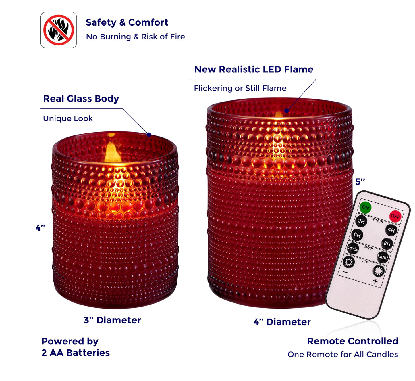 VENTA Set of 2 Red Glass Flameless Candles with Remote | Dimmable Flickering Votives, Ideal for a Romantic Dinner, Anniversaries, and Home Ambiance | Decorative Table Lamp