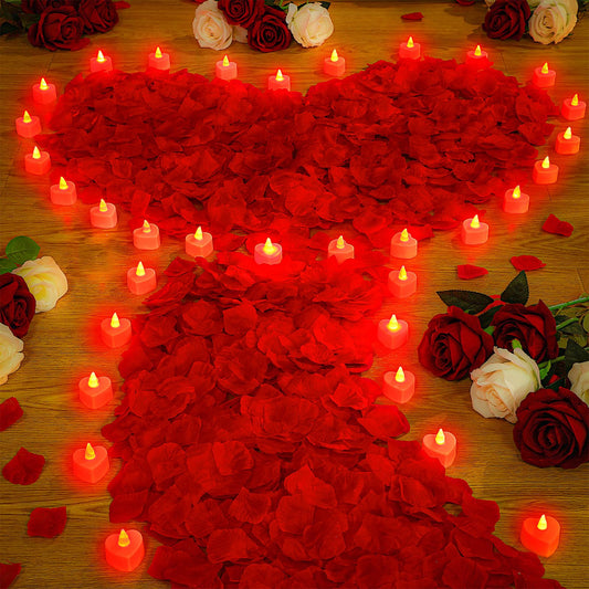 VIHOSE 4000 Pcs Artificial Rose Petals with 24 Pcs LED Tea Lights Candles Flameless LED Candles Fake Rose Petals for Wedding Birthday Party(Red Light, Red Petal)