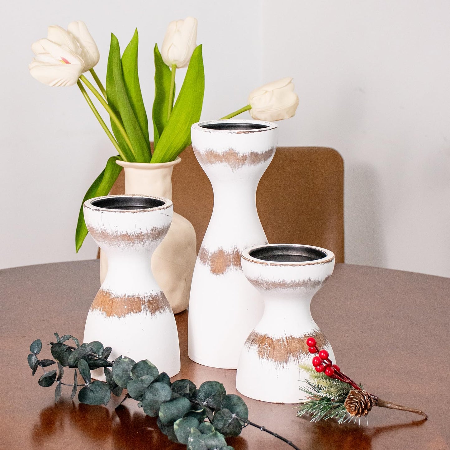Set of 3 Farmhouse Wooden Candle Holders for Pillar Candles, White Distresse Rustic Wood Pillar Candle Stands with Hemp Rope Bow Table Centerpiece Decor for Fireplace, Living, and Dining Room