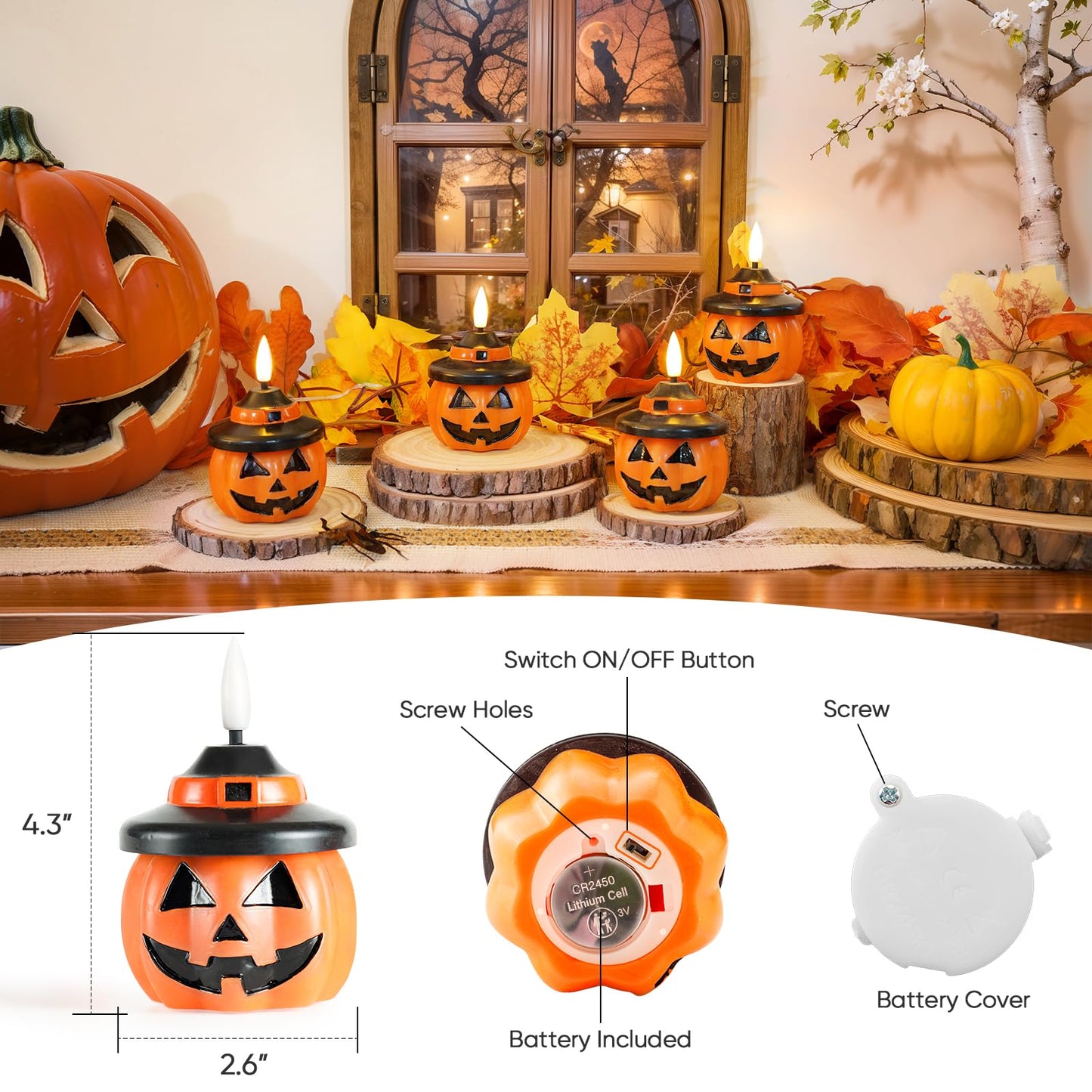 Homemory Real Wax Pumpkin Candles, 4 Pcs Flickering Flameless Candles with 6hrs Timer, LED Halloween Pumpkin Lamp, Battery Operated Lights for Home Halloween Decor, Theme Party, Orange