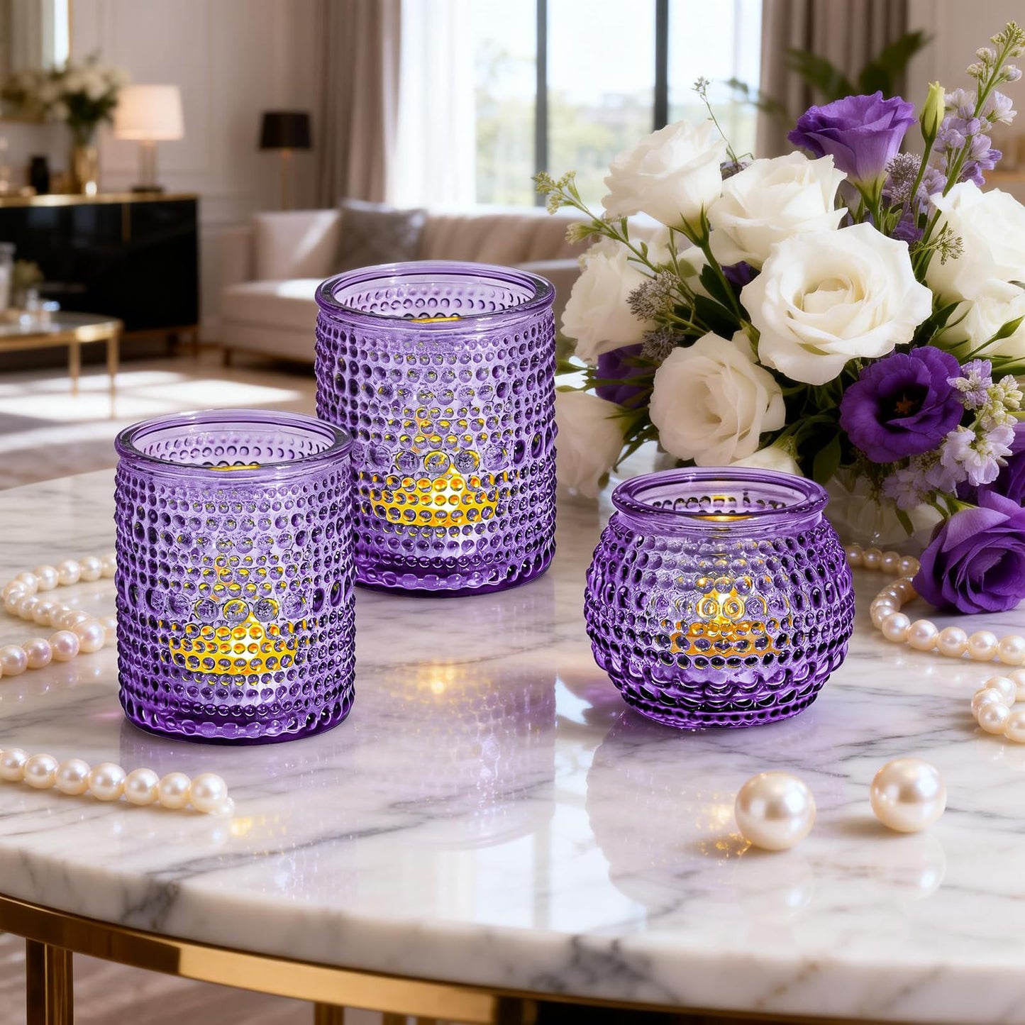 Rubtlamp Purple Votive Candle Holders Set of 24, Glass Candle Holders Bulk for Table Centerpiece, Tea Lights Candle Holder Glass for Wedding Shower, Home Party Decor