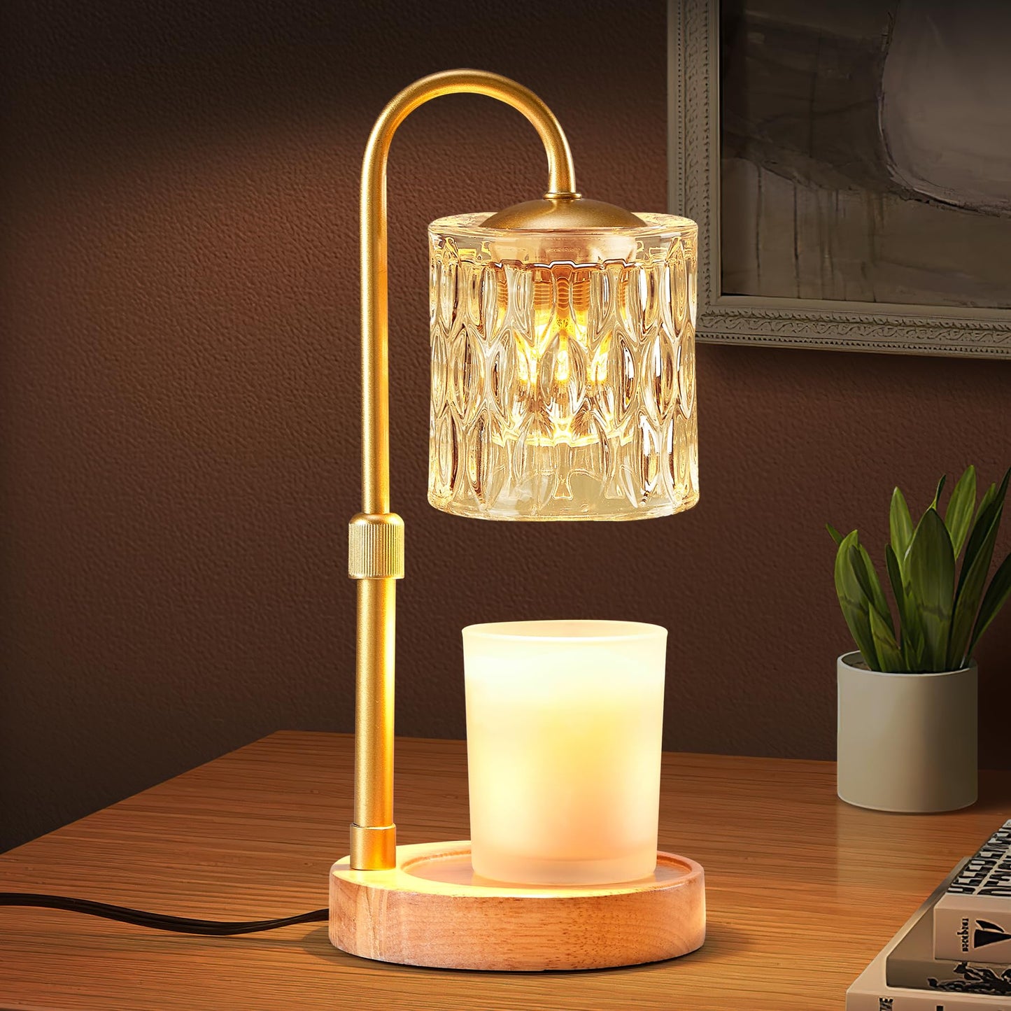 Briever Dimmable Candle Warmer Lamp with Timer, Height Adjustable Electric Candle Wax Warmer, Christmas Birthday Gifts for Women Mom, House Warming Gifts New Home Room Decor, Solid Wood Base