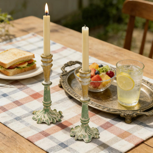 Vintage Taper Candle Holders Set of 2 Distressed Ornate Iron Candlestick for Centerpiece Table Mantel Handmade Metal Tall Candle Stick Stands for Wedding Dining Party Home Decor Shabby Gold/Green