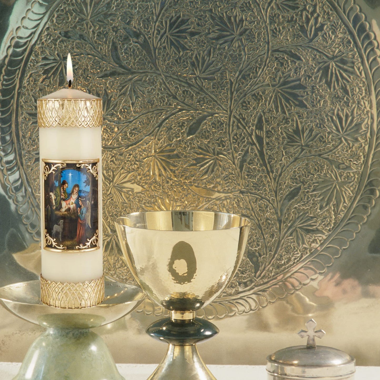 Needzo Gold Tone Nativity Scene Ornate Pillar Candle for Christmas Mass Decoration or Holiday Candles for Homes, Mantels or Centerpieces, 7.75 Inches