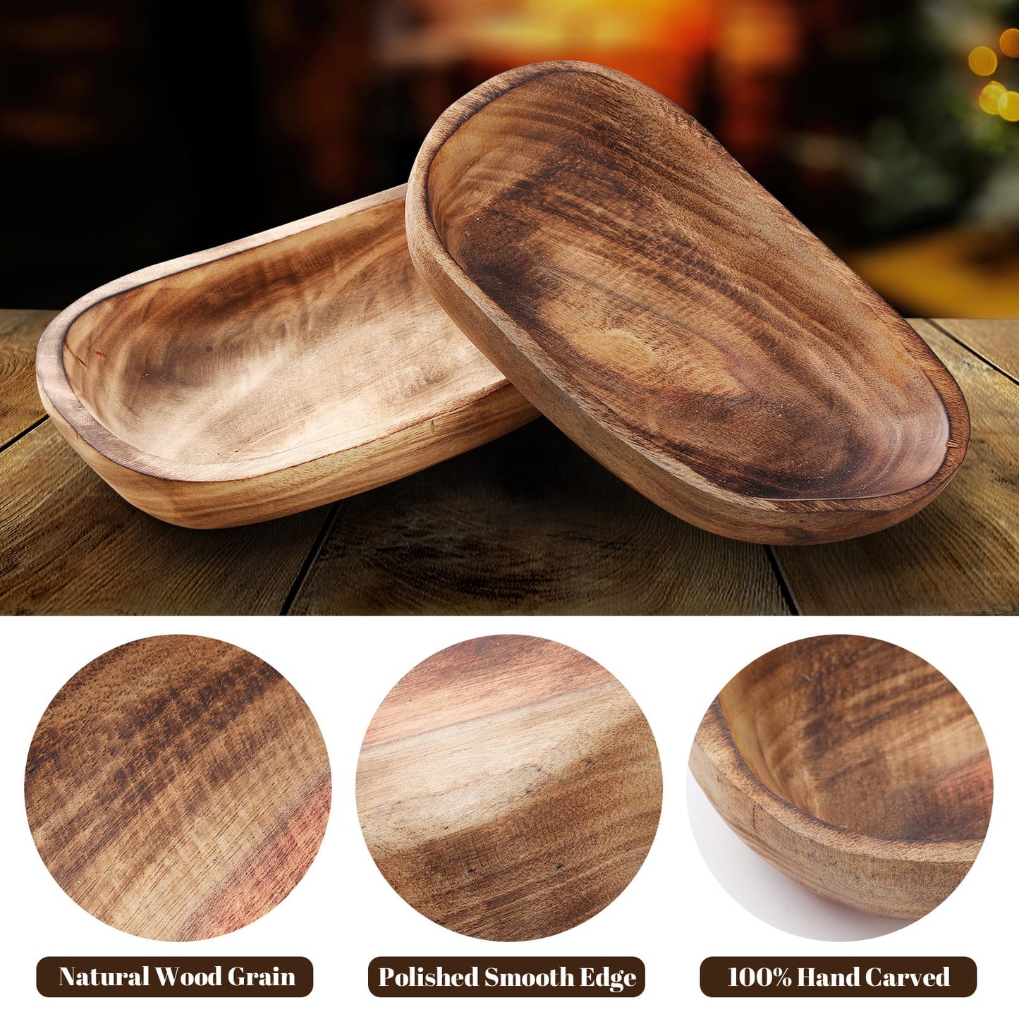 2 Pcs Wooden Dough Bowls for Decor Oblong Decorative Bowl Home Decor Fruit Vessel for Kitchen Counter Rustic Carved Serving Container Long Wooden Bread Tray for Dining Room Table(10 x 6 x 2 Inch)