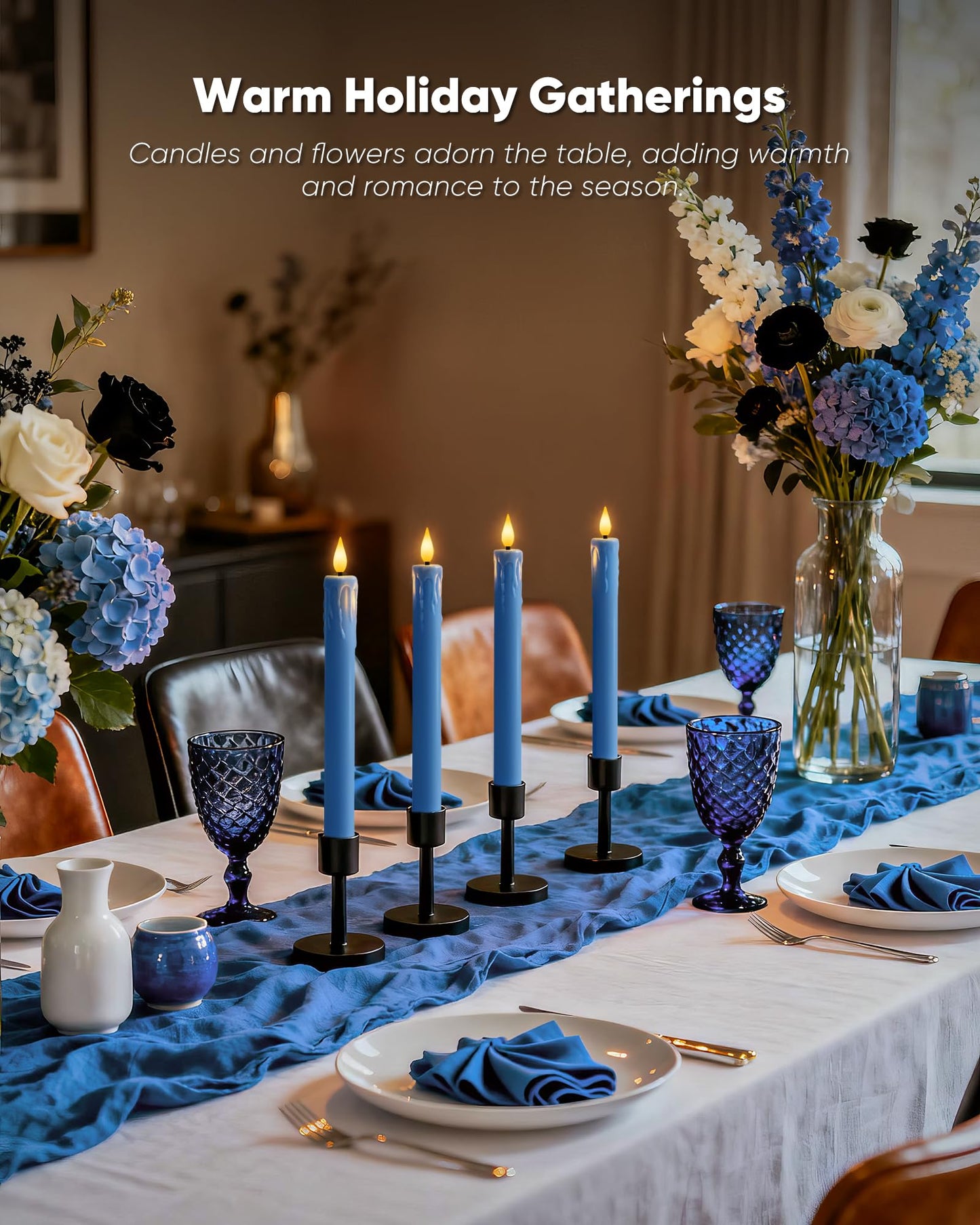 Homemory 6 Pcs Real Wax Blue Flameless Taper Candles with Remote Timer, 9.6 Inches LED Fake Candlesticks, LED Candle with 3D Flickering Flame for Romantic Wedding, Dinner, Xmas Anniversary Decor