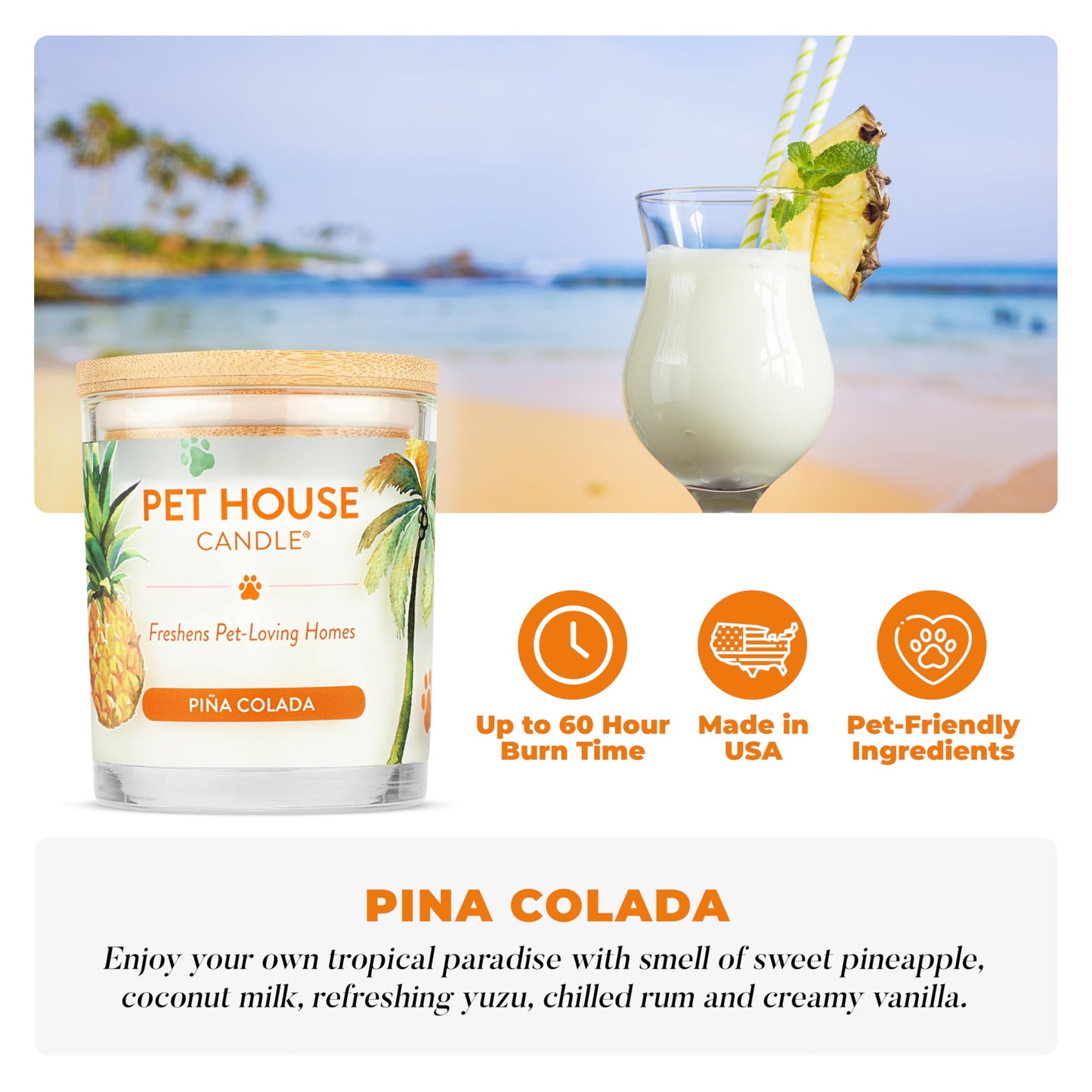 Pet House Candles, Long Lasting, Air Freshening, Pina Colada Scented Candle for Pet Odor, 60 Hour Burn Time 9 OZ