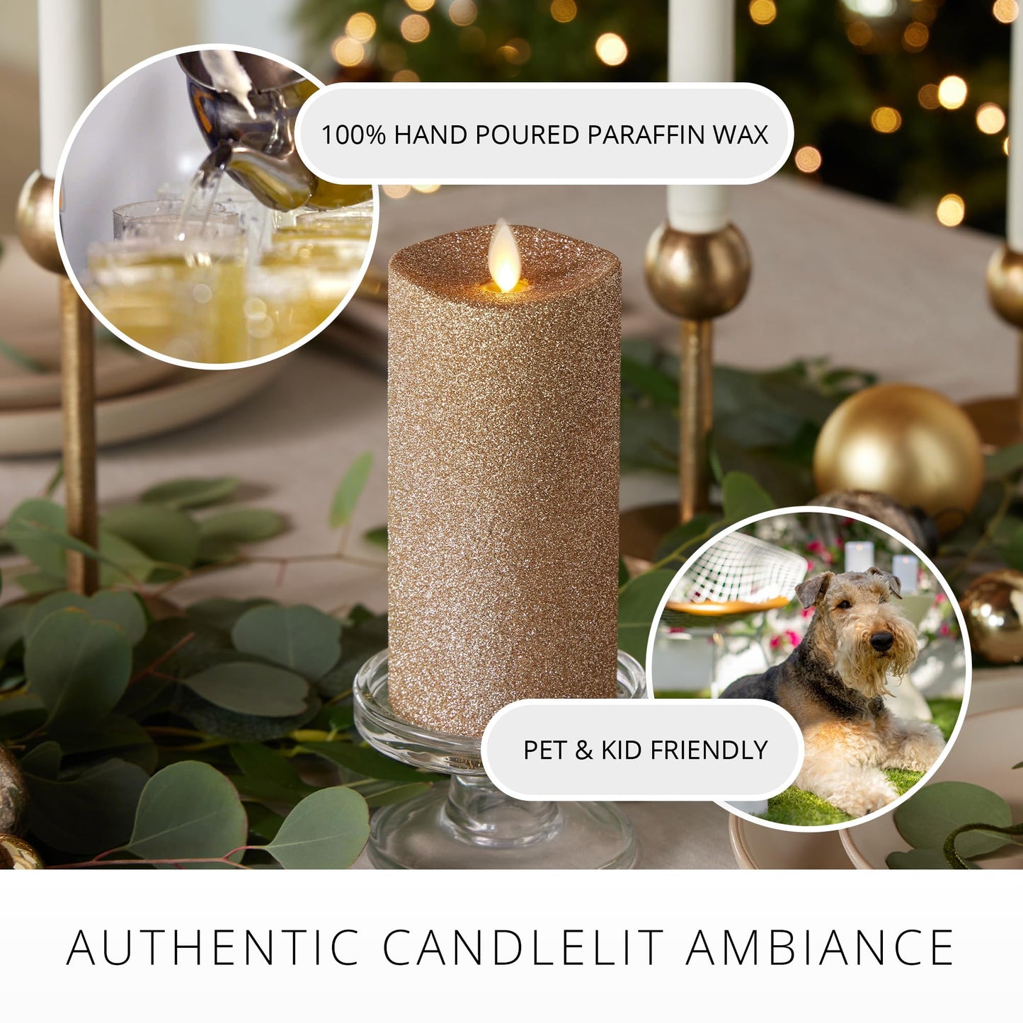Luminara Realistic Artificial Flame Gold Glitter Pillar Candle - Moving Flame LED Battery Operated Lights - Unscented - Remote Ready - Remote Sold Separately - 3" x 6.5"