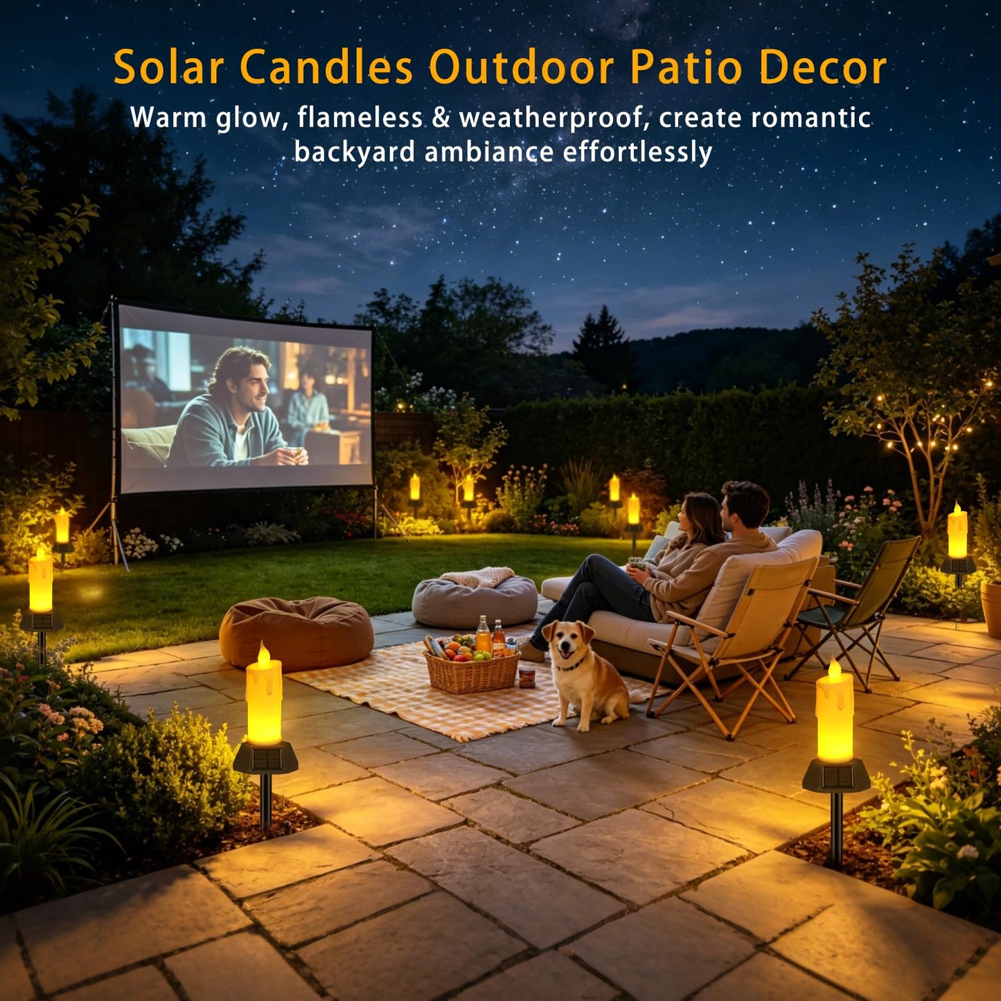 Solar Flameless Candles Outdoor Waterproof, Patented Dual-LED Flickering Flame 7" Dripping Wax Pillar with Detachable Stake, 3-Sided Solar Base for Patio, Cemetery (4 Pack)
