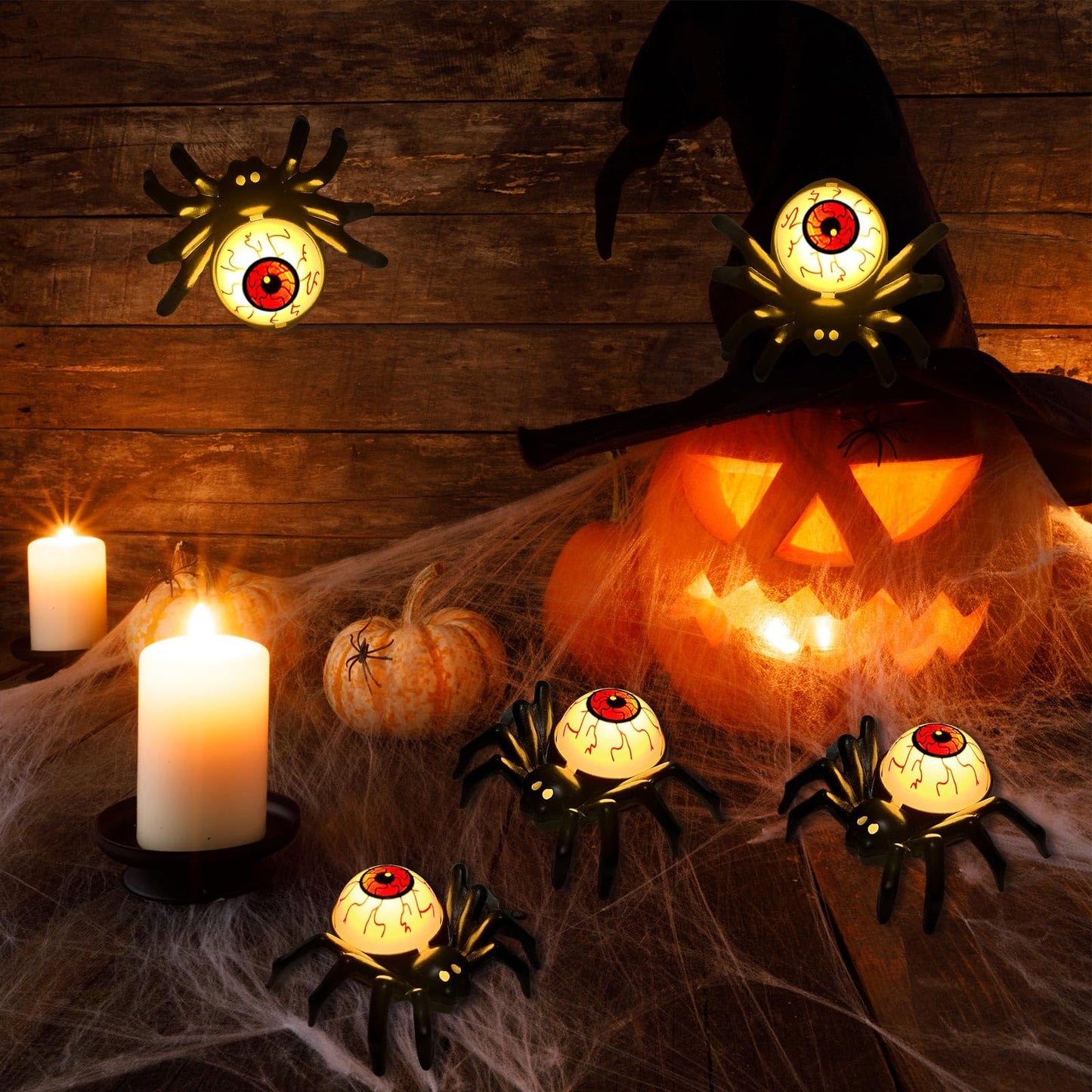 YBB 6 Pcs Halloween Spider Eyeball Tea Lights, LED Flameless Candle Holder Lights Battery Operated for Halloween PartyTable Home Spooky Decor (Eyeball)