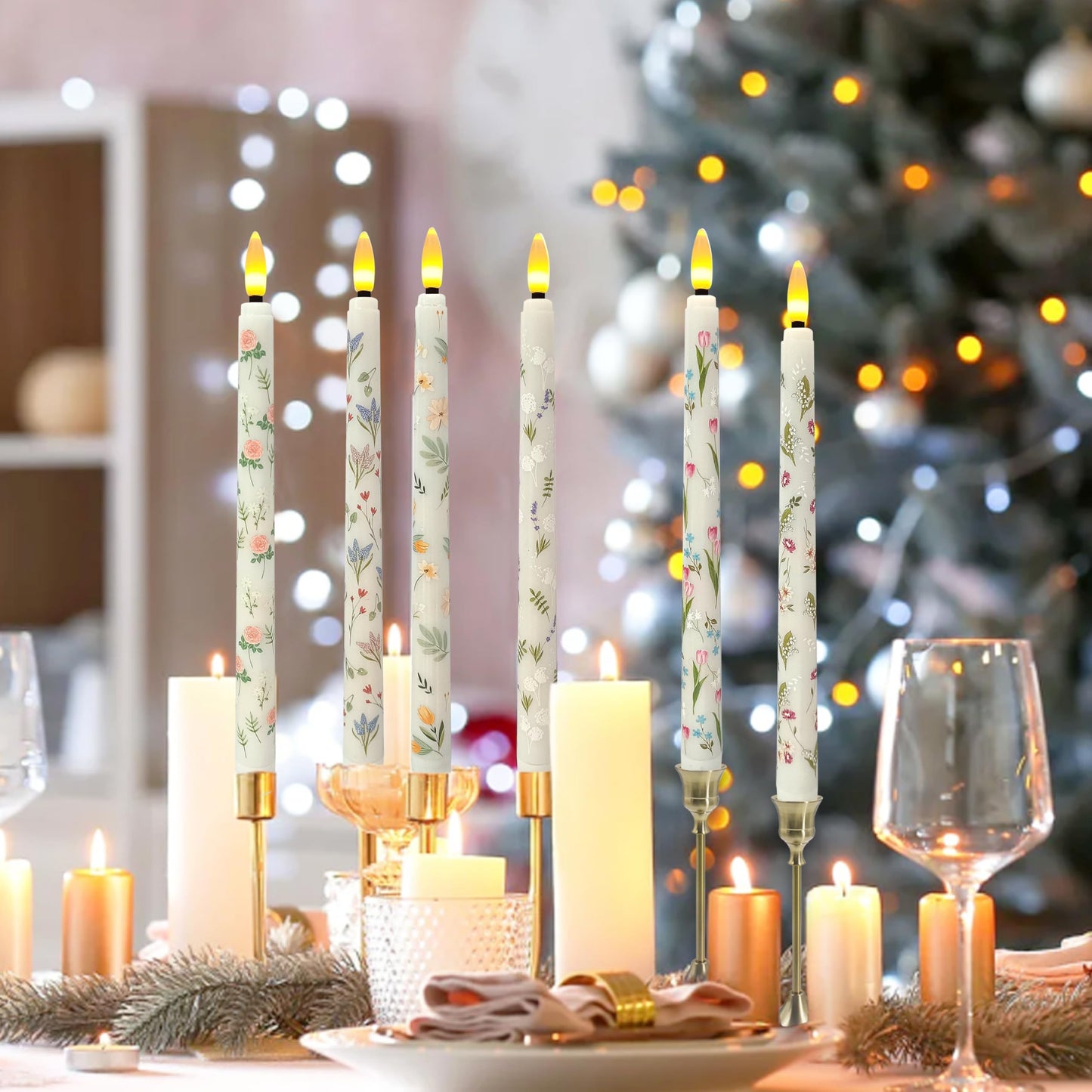 FCMSHAMD 6PCS Floral Flameless Taper Candles, 11 Inch LED Candlesticks Battery Operated with 11-Key Remote and Timer, 3D Flickering Flame Lights for Wedding Party Home Decor Gifts