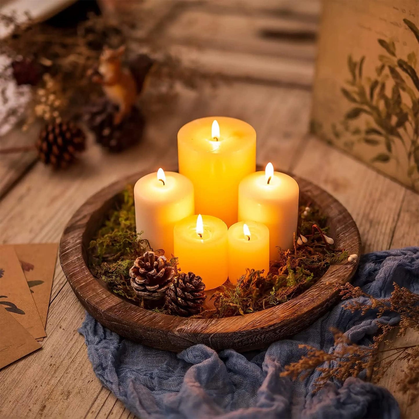 Rustic Wooden Serving Tray - Candle Holder, Round Coffee Table Decor, Home Centerpiece (11.14 in)
