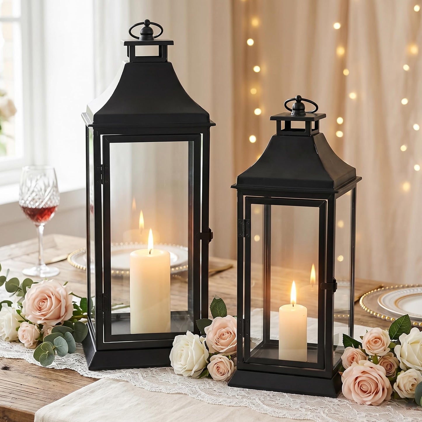 SwallowLiving Black Outdoor Lanterns Set of 2, 19.5" & 13.3" Farmhouse Large Metal Decorative Candle Lanterns with Tempered Glass for Patio, Fireplace, Table Centerpiece & Indoor Decor (No Candle)