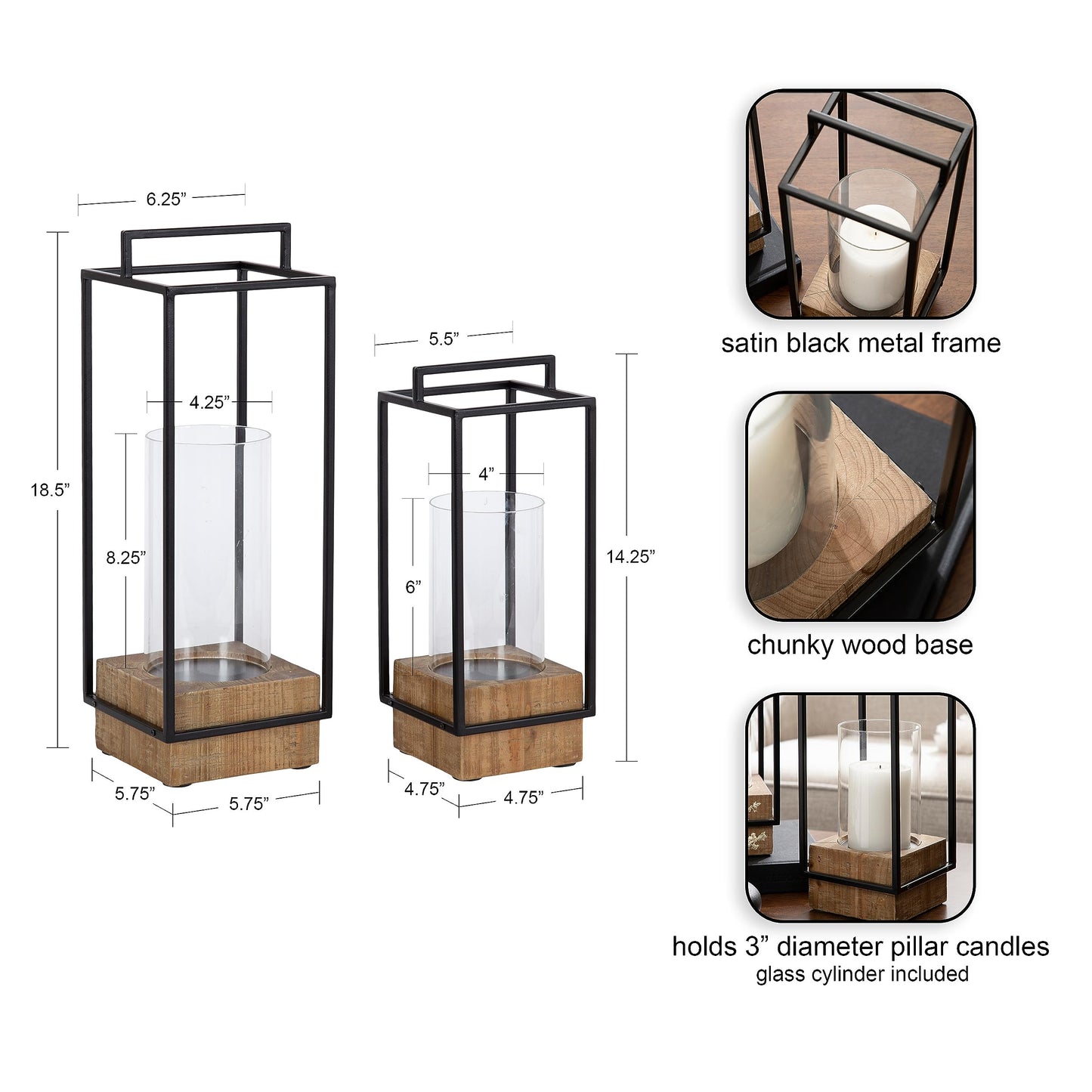Kate and Laurel Brandt Farmhouse Two-Piece Candle Holder Set; 7 x 7 x 19; Hazelnut and Black; Transitional Wood and Metal Lantern Candle Holders for Fireplace Mantel Display