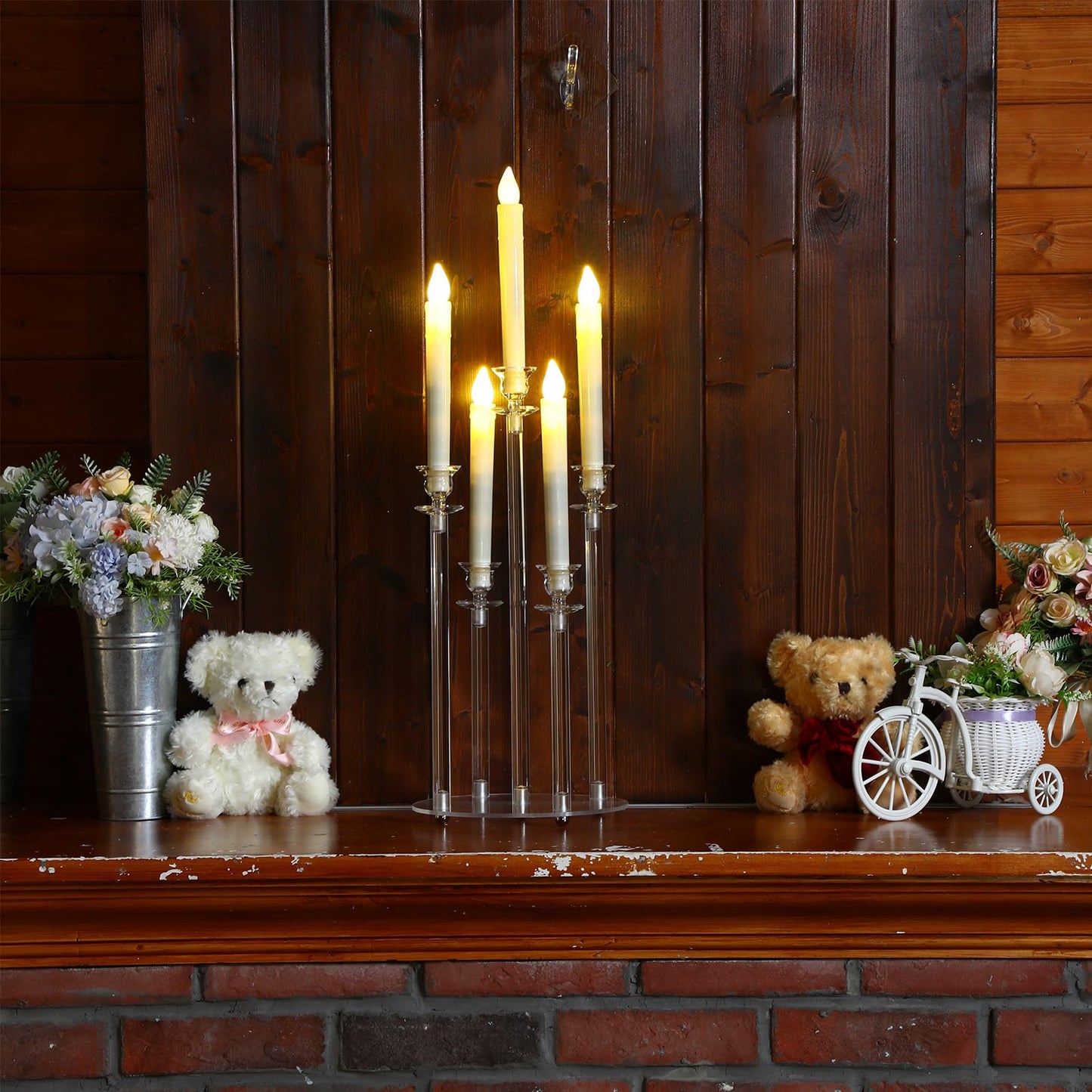 Layhit 4 Sets Acrylic Candelabra Candle Holder 5 Arm Wedding Table Centerpiece 18.1" Tall Acrylic Clear Candle Holder with Base Candlesticks Decoration for Father Day Graduation Party, Fit 0.87'' Led