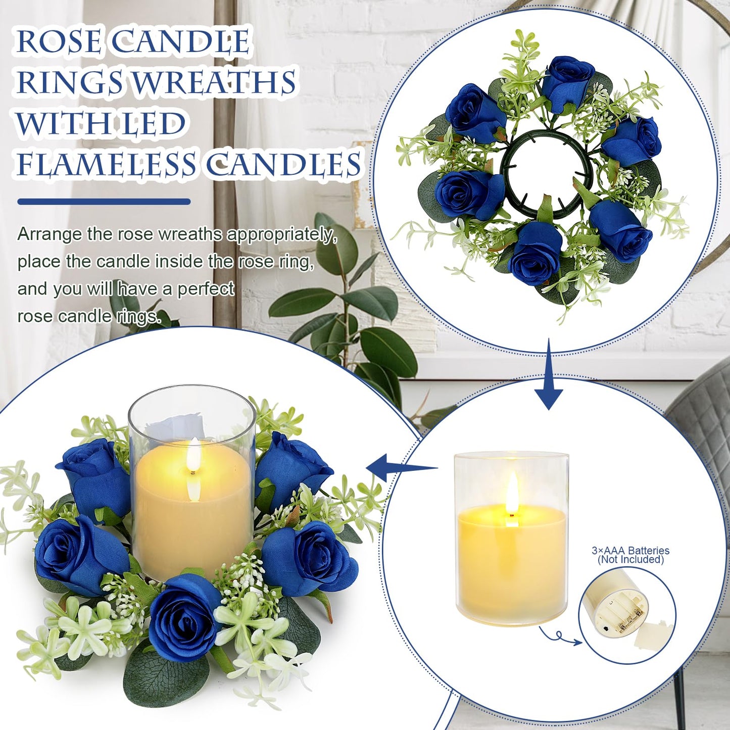 Tobilu 6 Sets Artificial Roses Candle Rings - Roses Floral Rings Wreaths with LED Candles Eucalyptus for Centerpieces Table Cabinets Front Doors Wedding Home Party Decor - Royal Blue