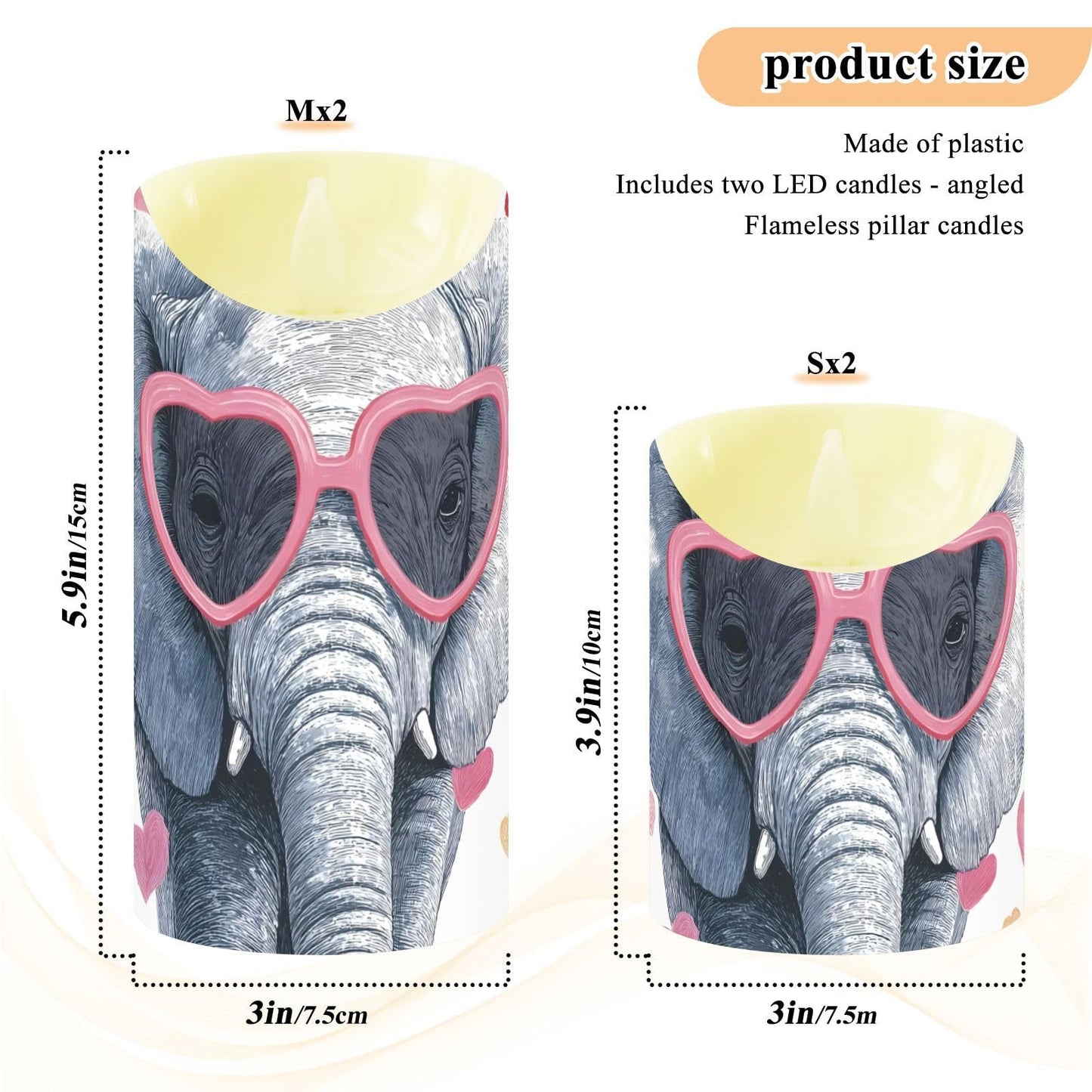 YMXFXP Elephant Love Heart 5.9”x3” Flameless LED Candles with Remote - Set of 2, Battery-Operated Flickering Pillar Candle with Timer for Home Decor - Batteries Not Included