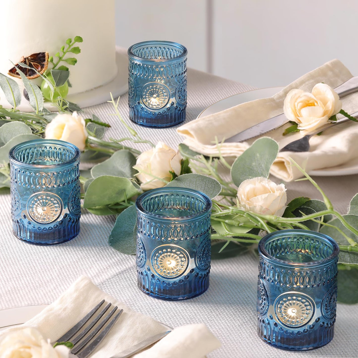 Lanttu Blue Votive Candle Holder Set of 12, Glass Tea Lights Candle Holders for Wedding Table Centerpieces, Birthday Parties, Home Decor and Holiday Decor