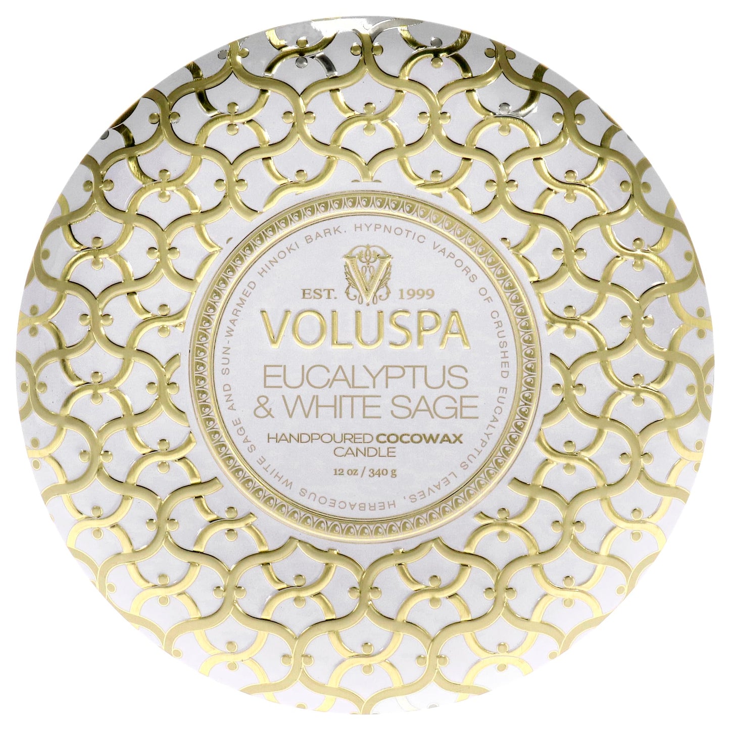 Voluspa Eucalyptus & White Sage, 3 Wick Tin Candle, 12 oz, 40 Hour Burn Time, Coconut Wax for Clean Burning, Handcrafted in the USA