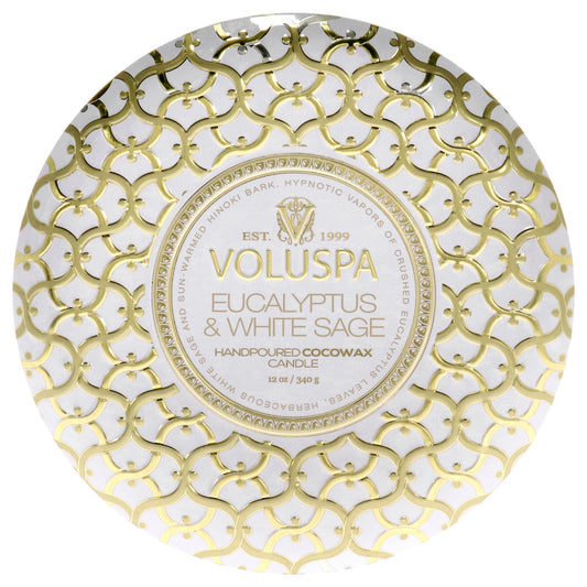Voluspa Eucalyptus & White Sage, 3 Wick Tin Candle, 12 oz, 40 Hour Burn Time, Coconut Wax for Clean Burning, Handcrafted in the USA