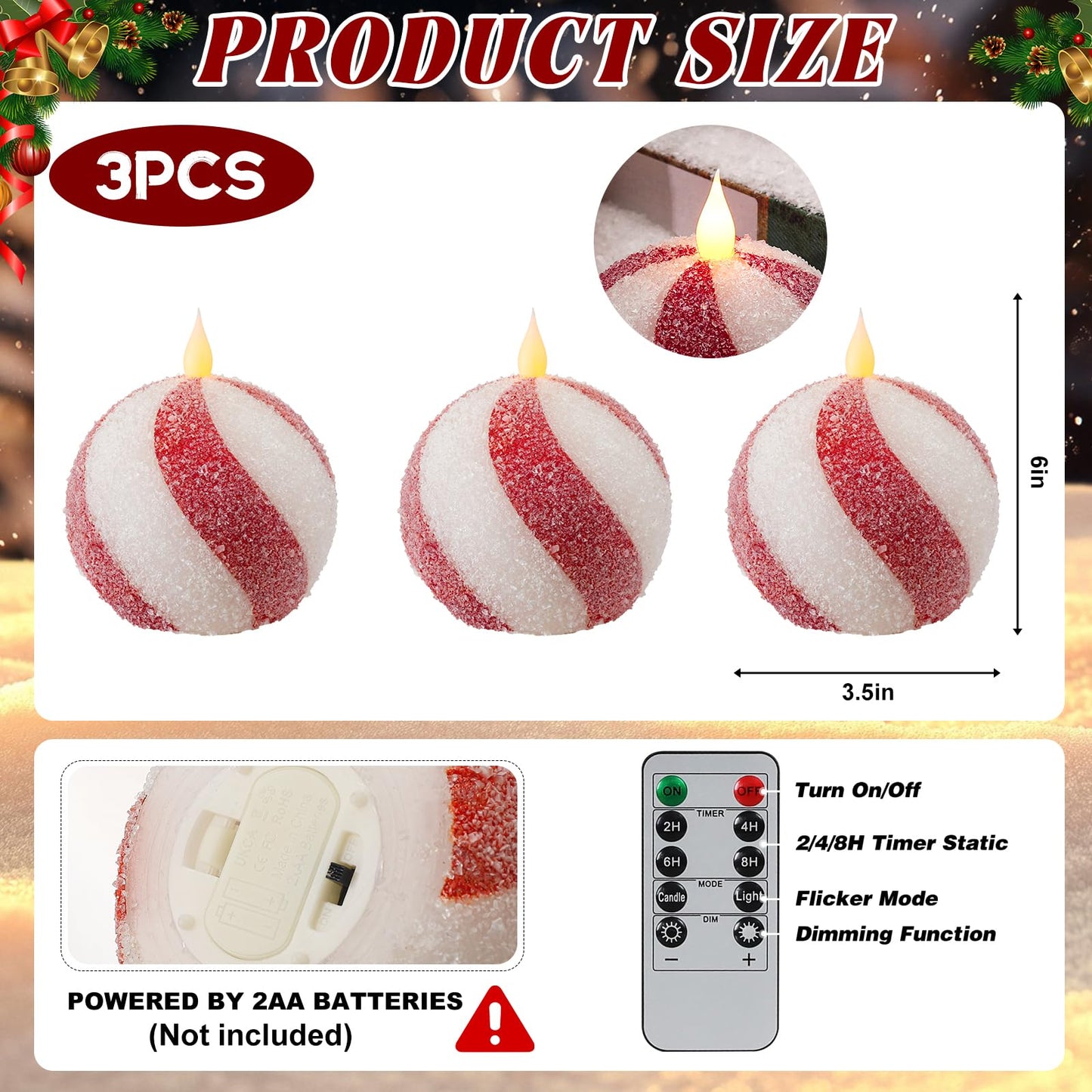 Set of 3 Christmas Sphere Candy Cane Flameless Candles, Glitter Red White Real Wax Flickering Ball Candles Battery Operated with Remote, Candy Cane Christmas Decorations, Xmas Party Centerpieces Decor