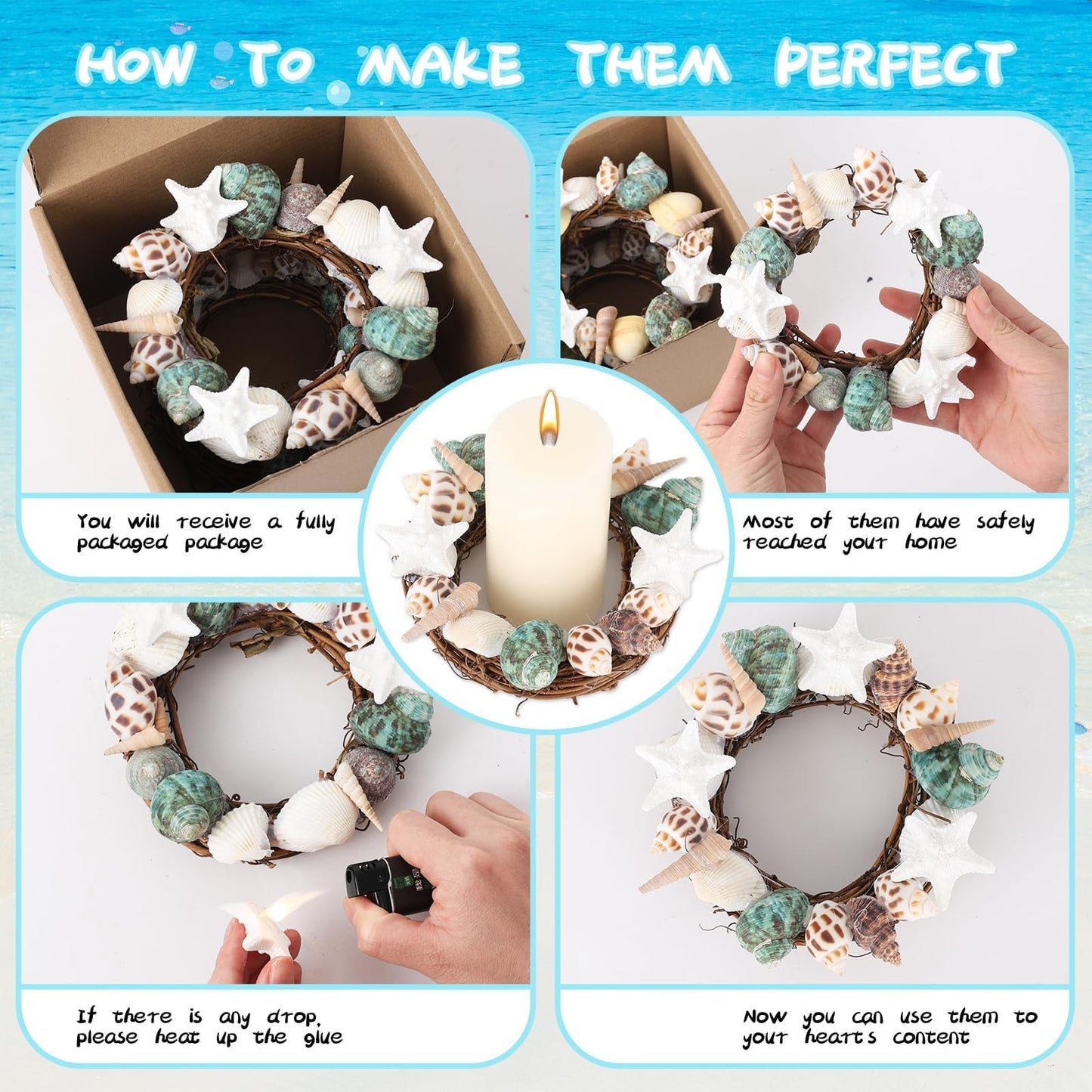 6 Pcs Summer Seashell Starfish Wreath Mini Candle Rings Wreaths Coastal Pillar Candle Holder for Ocean Cruise Wedding Parade Bridal Shower Bachelorette Party Table Decor