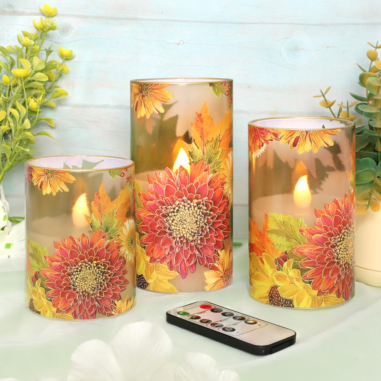 Silverstro Flameless Candles Chrysanthemum Decal with Remote & Timer - Real Wax Flickering Battery Operated Candles - Home Farmhouse Holiday Spring Decorations - Set of 3