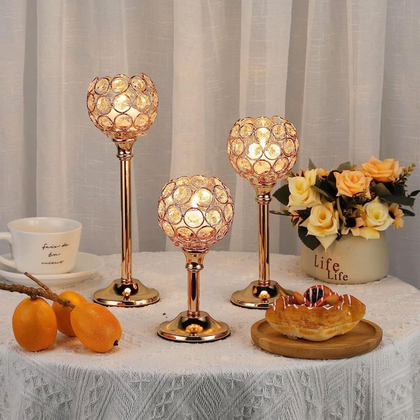 HearthLume Candle Holder Candlestick Holders- 6Set Gold Crystal Pillar Candle Holders,Metal Candlestick Stands for Wedding Centerpieces,Table Decor for Church,Valentine's Day Housewarming Gift,18Pcs