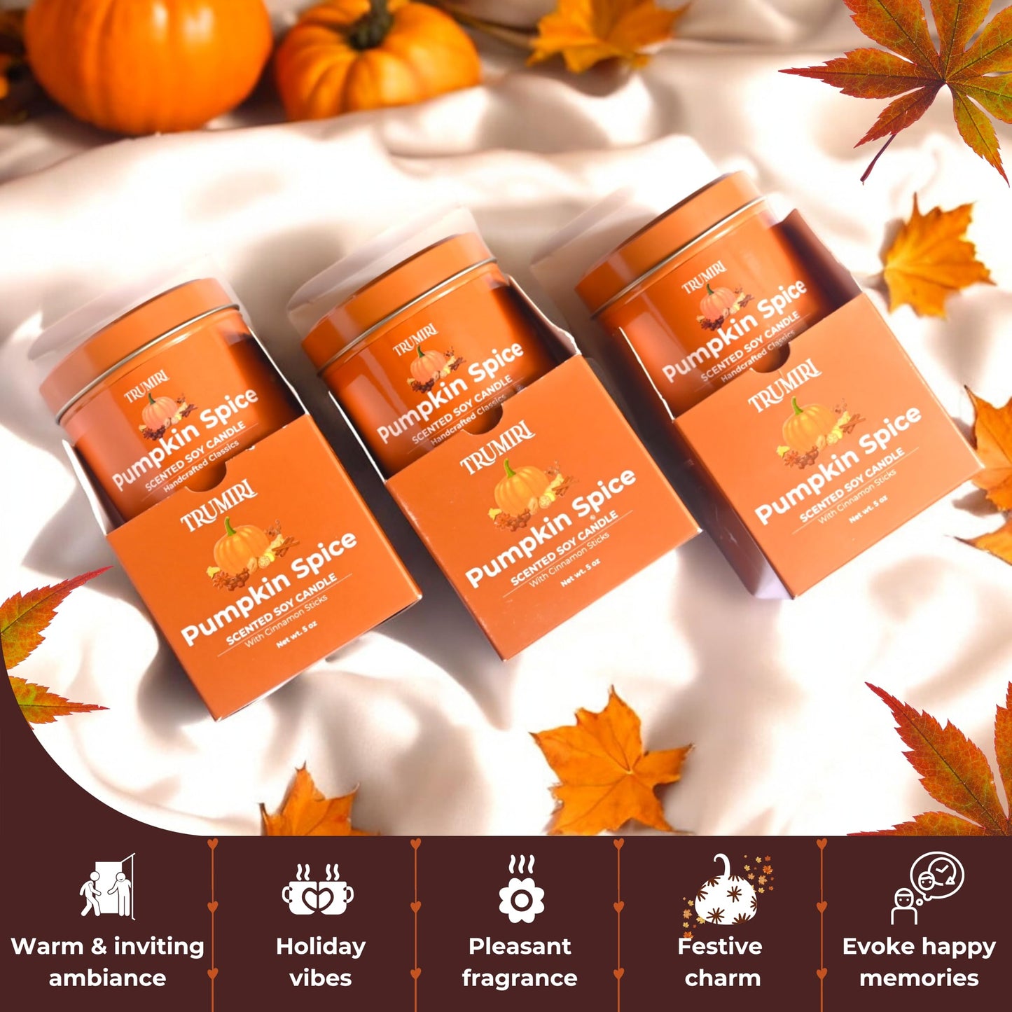 Pumpkin Spice - Cinnamon Soy Candles for Home Scented - for Fall Halloween Thanksgiving Holidays - Pack of 3 x 5oz Natural Clean Non Toxic Long Lasting Highly Scented Candels with Essential Oils