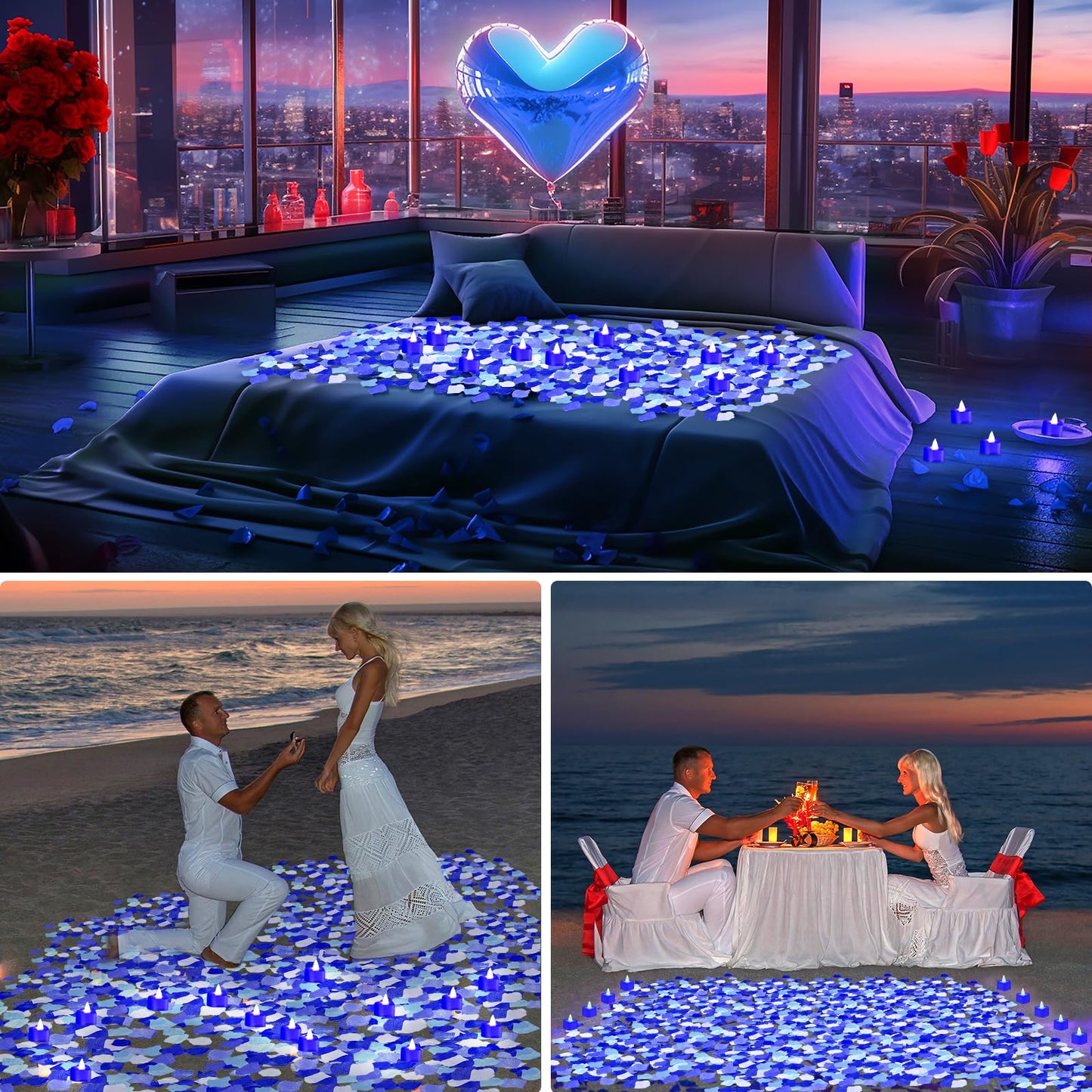 VIHOSE 4000 Pcs Artificial Rose Petals with 24 Pcs LED Tea Lights Candles Flameless LED Candles Fake Rose Petals for Wedding Birthday Party(Blue Light, Vivid Color Petal)