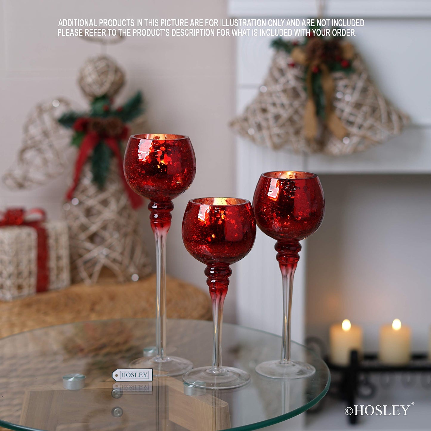 Hosley Set of 3 Crackle Red Glass Tealight Holders - 12 Inch, 10 Inch, 9 Inch Ideal for Weddings Special Events Parties Also Makes a Great Gift