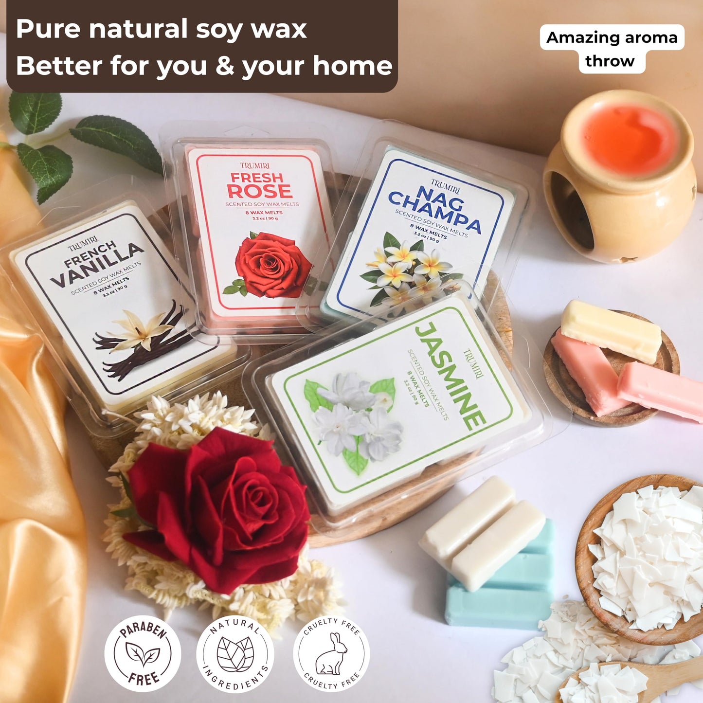 Scented Wax Melts Variety Pack of 4x8ea - Nag Champa|Fresh Rose|French Vanilla|Jasmine - Made with Non Toxic Soy Wax and Essential Oils- Long Lasting Strong Scent Pet Safe Candle Wax Cubes for Warmers