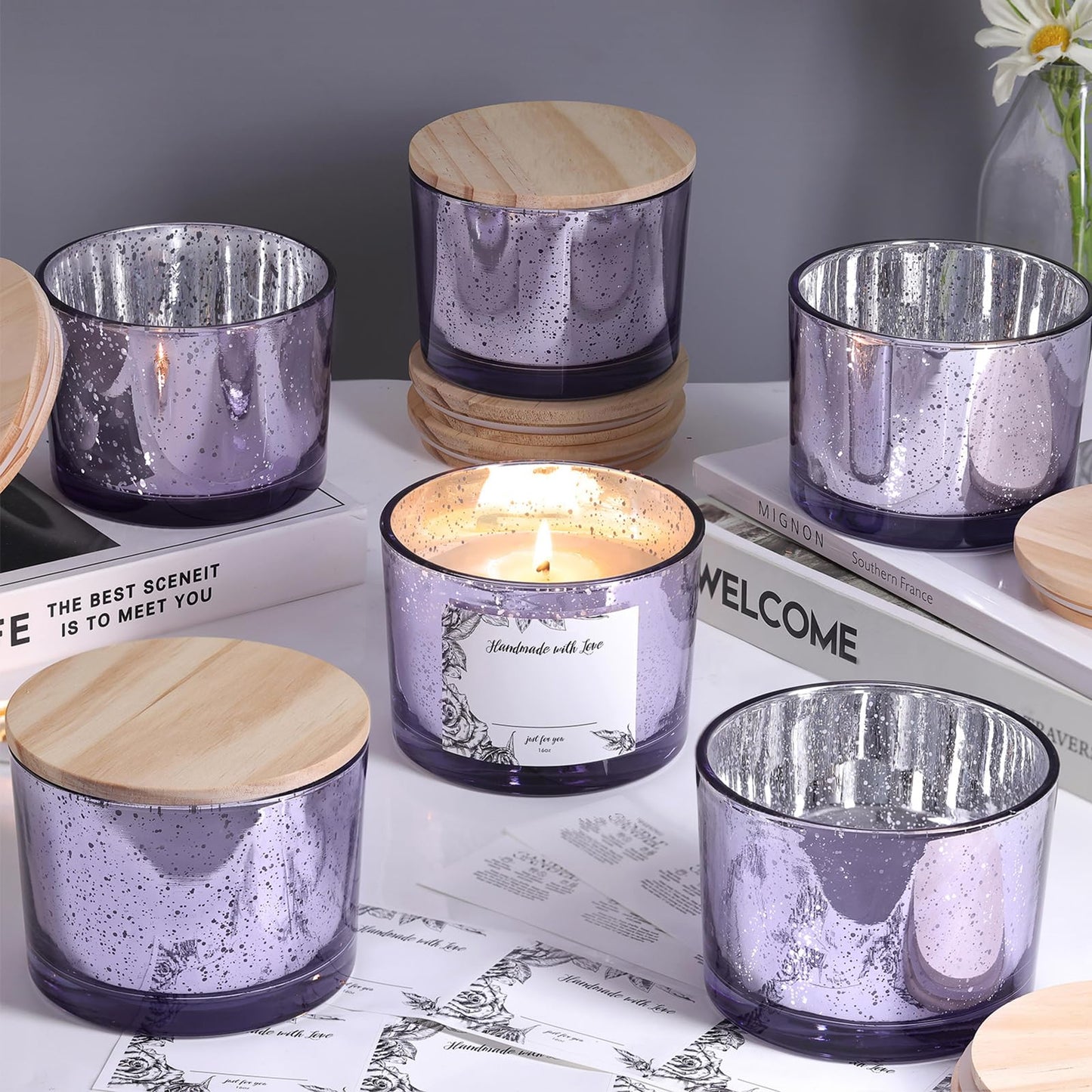 simeitol 16 OZ Purple Candle Jars for Making Candles 6 Pcs, Glass Candle Jar with Lids - Empty Candle Jars Bulk with Sticky Warning Labels - for Home Decor, Wedding, Christmas Decorations