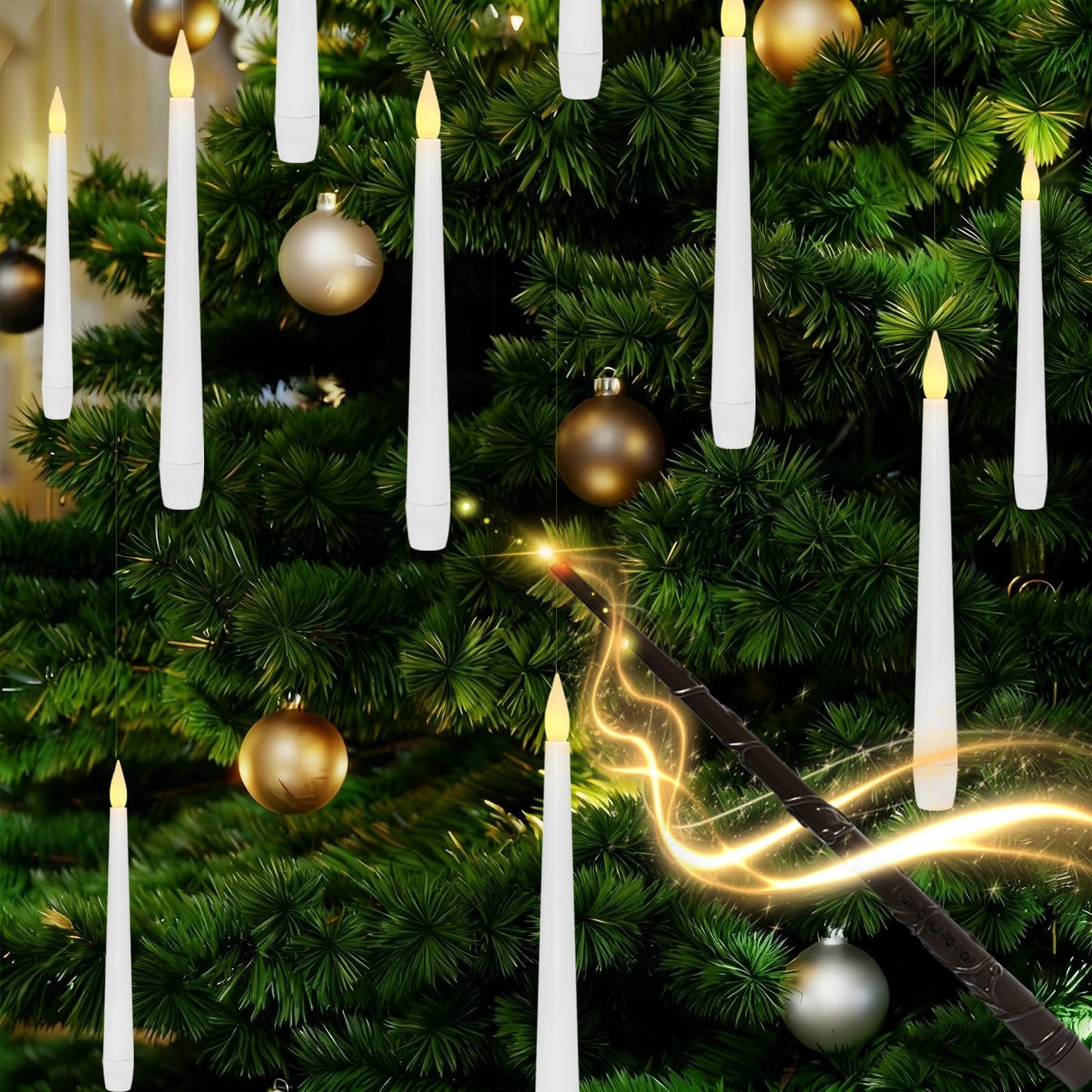 Lezonic Flameless Floating Candles with Wand，20 Pcs Magic LED Hanging Taper Candles，Flickering Battery Operated Taper Candle with Wand Remote for Halloween Decorations