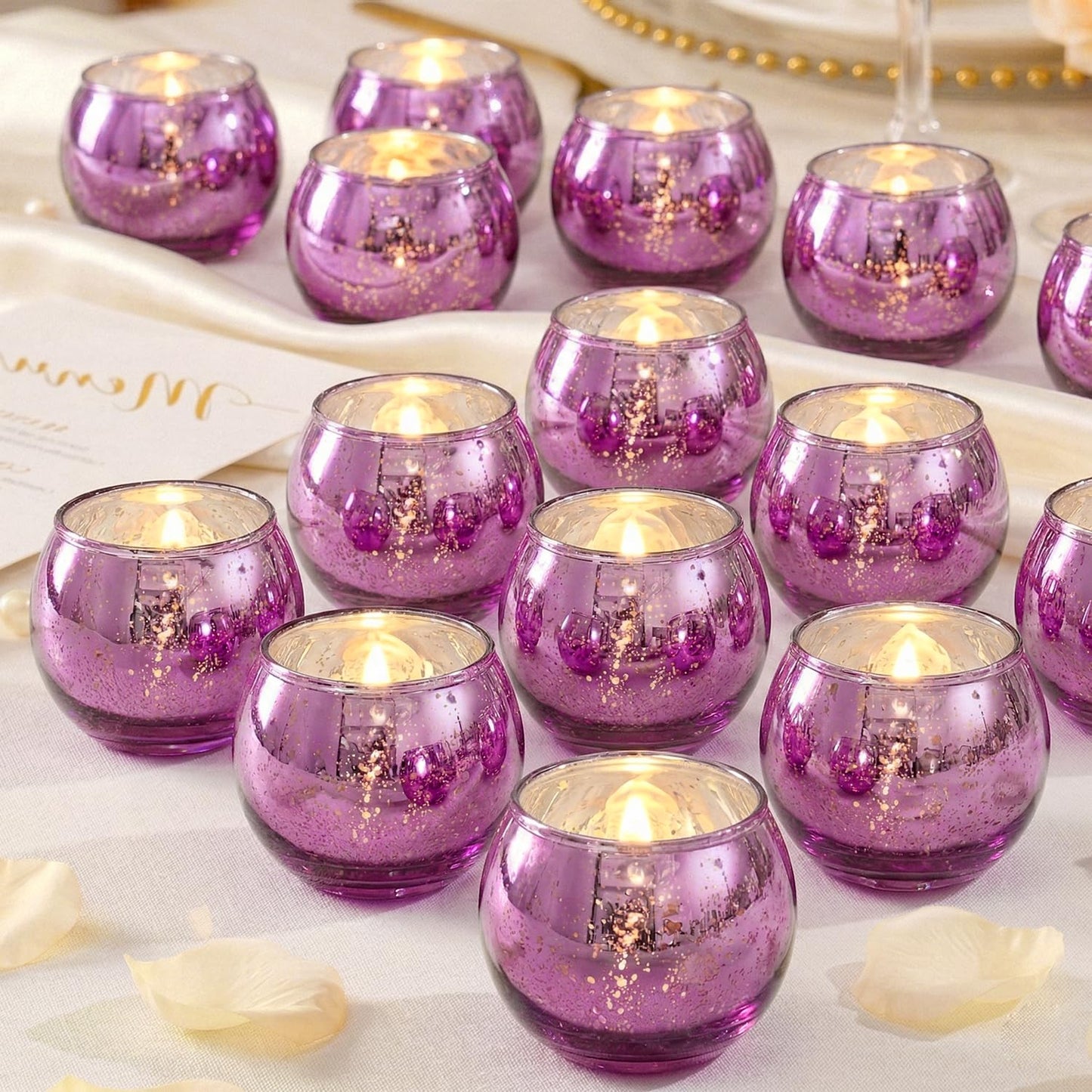 24 Pcs Purple Votive Candle Holders for Wedding Decor, Purple Mercury Glass Candle Holders for Table Centerpieces, Tea Light Holder for Wedding Bridal Shower Party Supplies