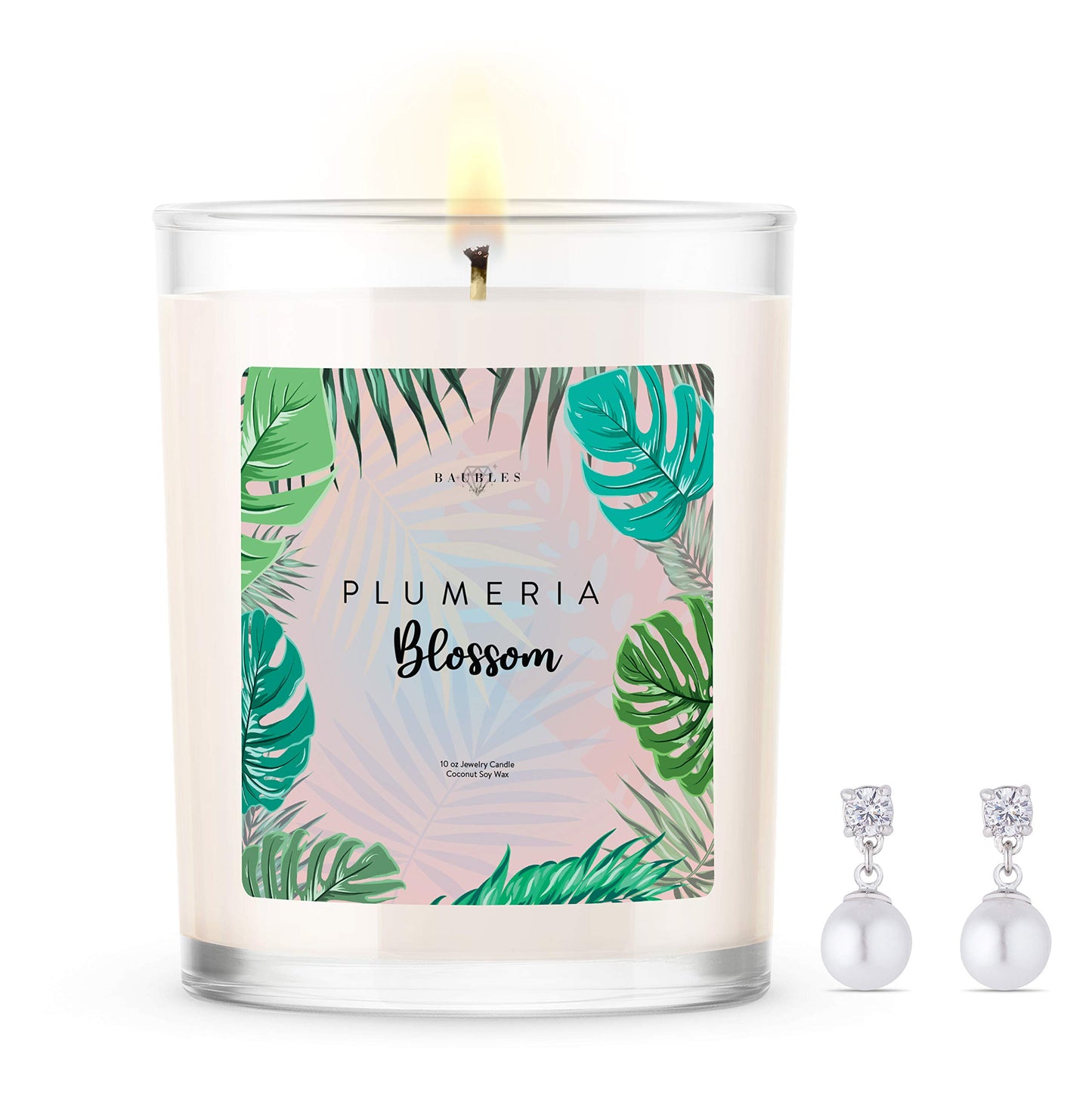 Baubles Plumeria Blossom Scented Premium Candle and Jewelry with Surprise Earring Inside | 10 oz Large Candle | Made in USA | Parrafin Free | Earring