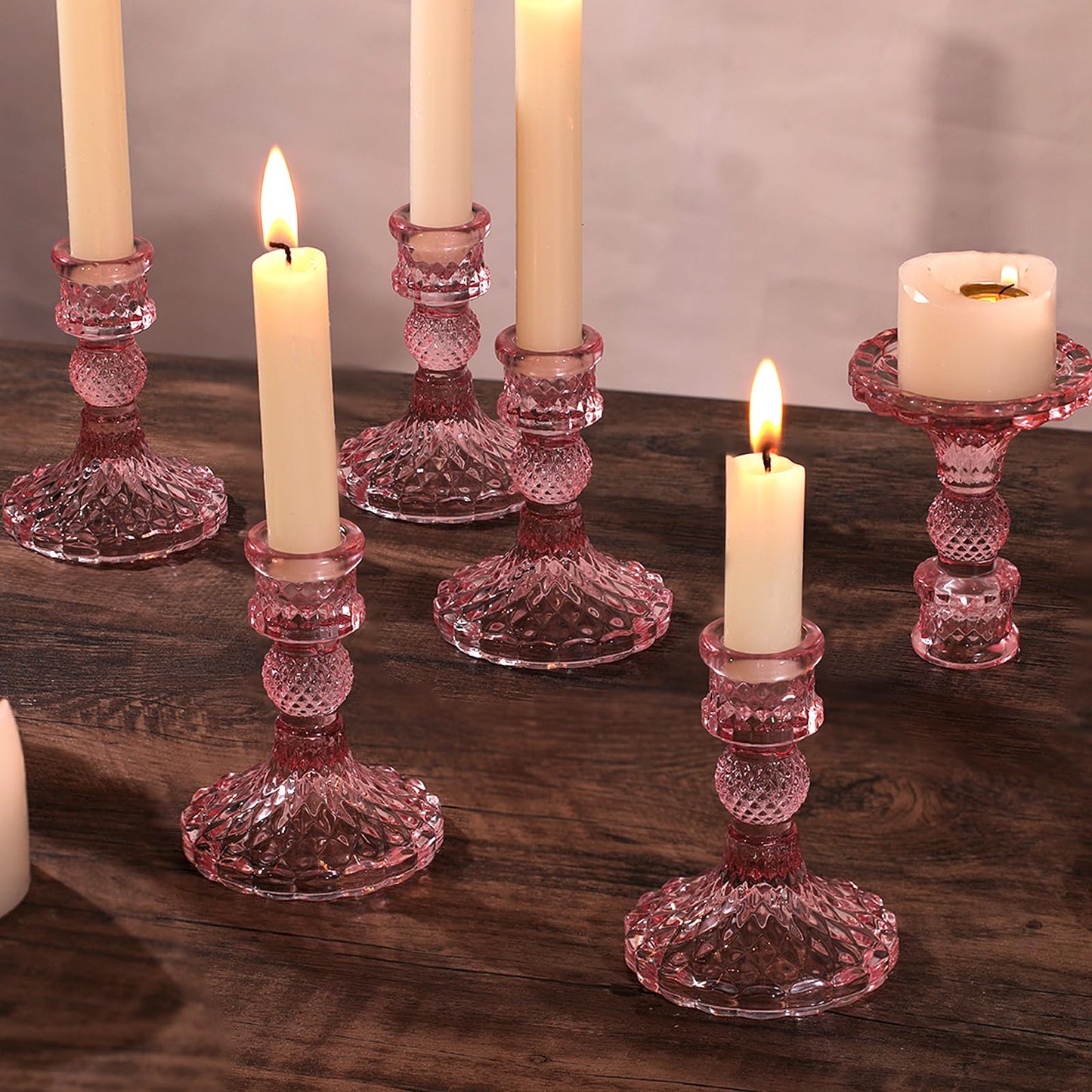 12Pcs Pink Candlestick Holders Set- 4" H Taper Candle Holders Bulk, Glass Candle Holders for Wedding, Party, Romantic Dinner Table Centerpieces, Festival Gifts & Windowsill Decor