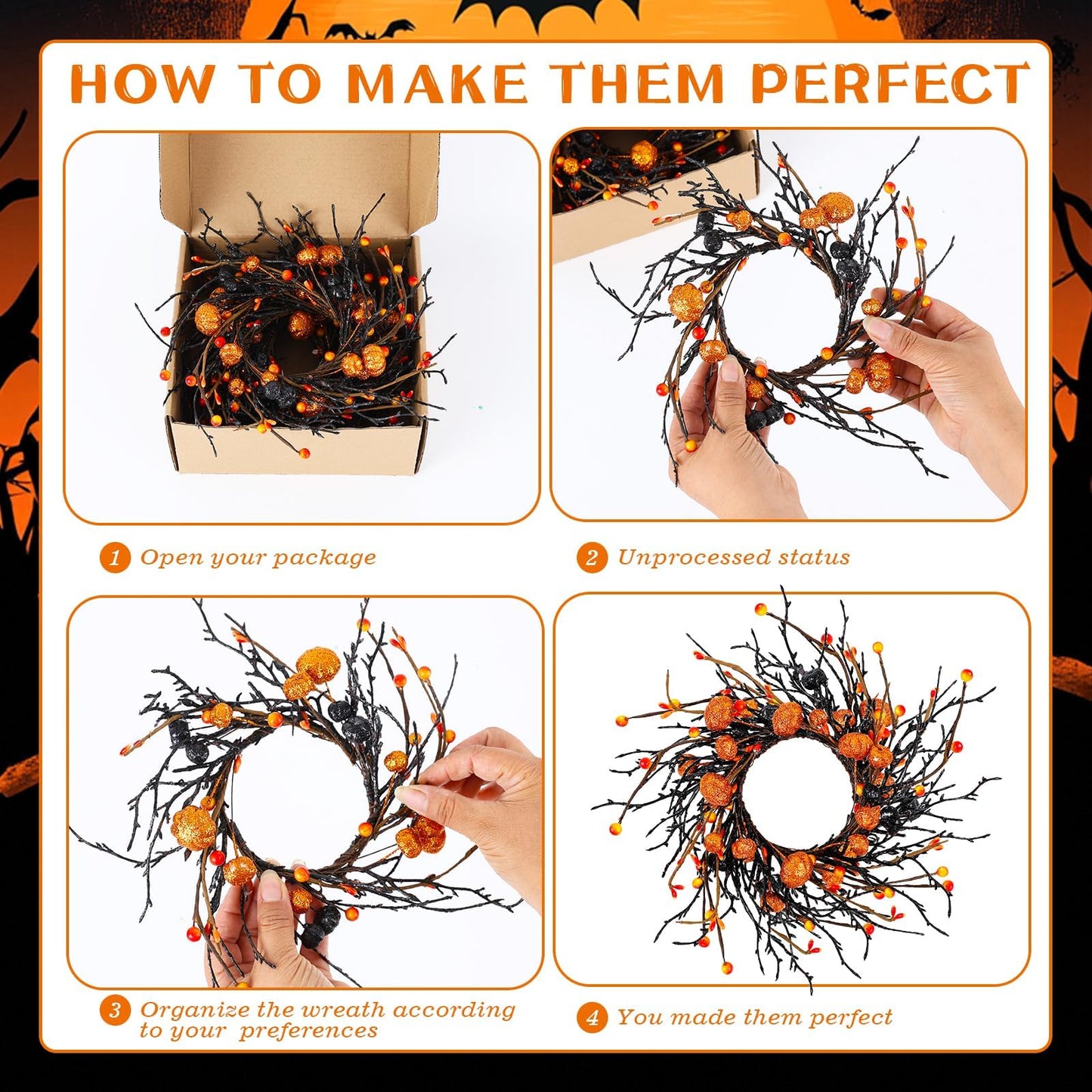 8 PCS Halloween Candle Rings Wreaths Black Orange Berries & Pumpkin Candle Rings Mini Wreath 3.5 Inch Center for Pillar Candle Halloween Fall Thanksgiving Party Home Table Indoor Decorations