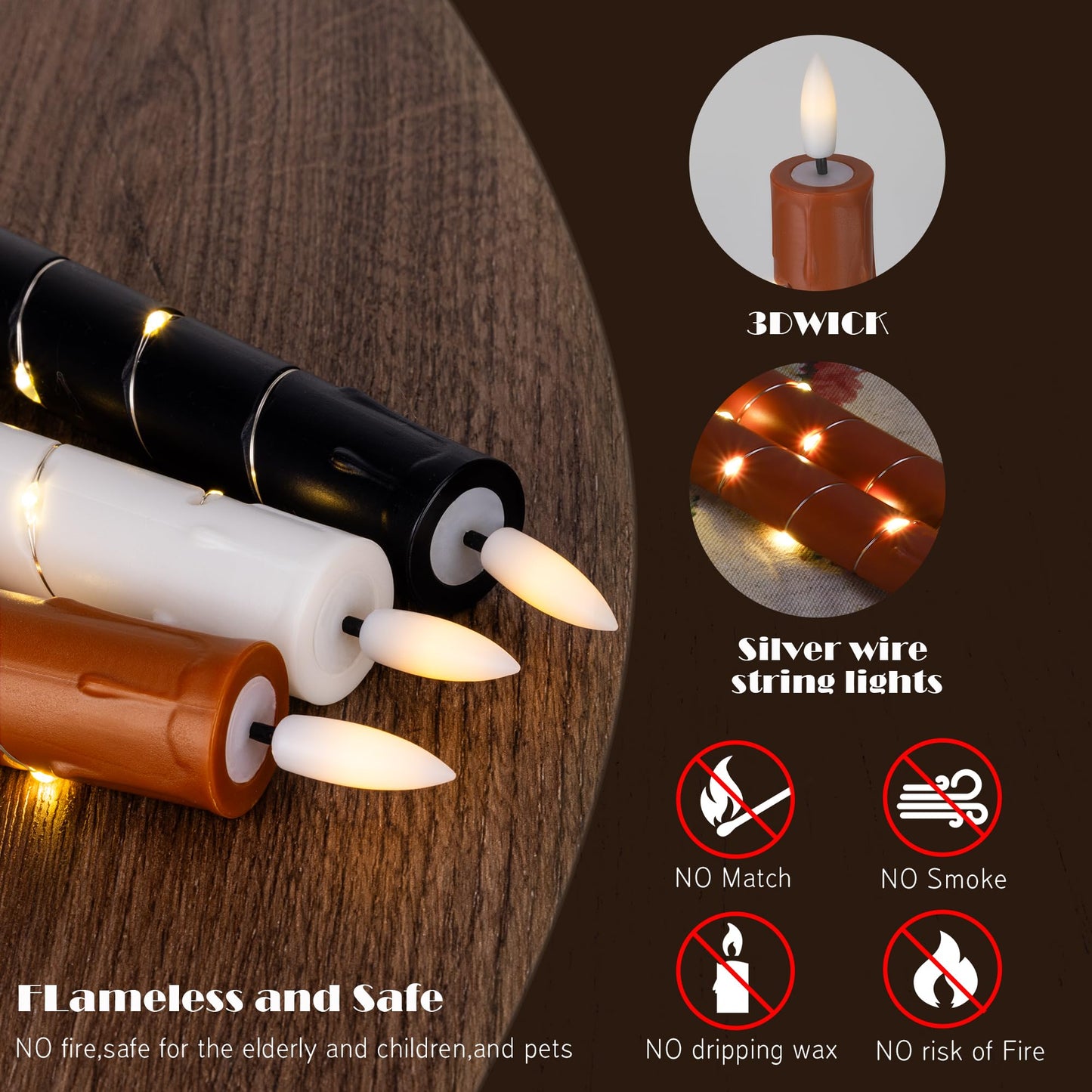 Patriotic Flameless Taper Candles with Remote for 250th Anniversary Decorations，3D Flickering Flame LED Candles Arounded with Starlight String for 4th of July Decoration, Pack of 6, Reddish Brown
