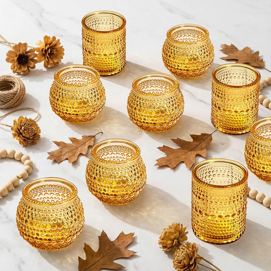 Rubtlamp Amber Votive Candle Holders Set of 24, 12Pack 2.1 * 2.7inch Glass Vintage Candles Holder 12Pack 2.1 * 2.1inch Tea Lights Candle Holders for Table Centerpiece Wedding Decor Home Decoration