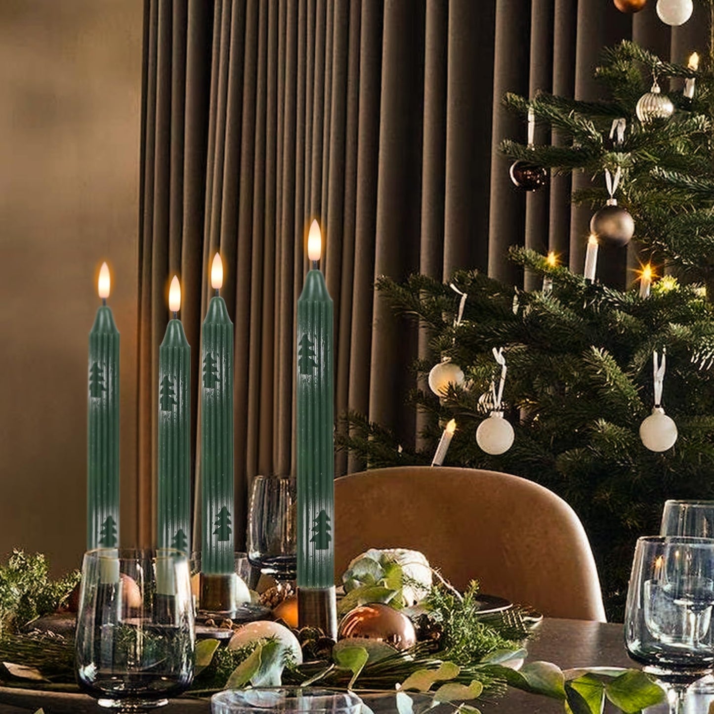 Wondise Christmas Flameless Taper Candles with Remote and Timer, Battery Operated 3D Wick Real Wax LED Candles with Painted Christmas Tree 6 Packs for Christmas Holiday Decor(0.78 x 9.45 Inch)