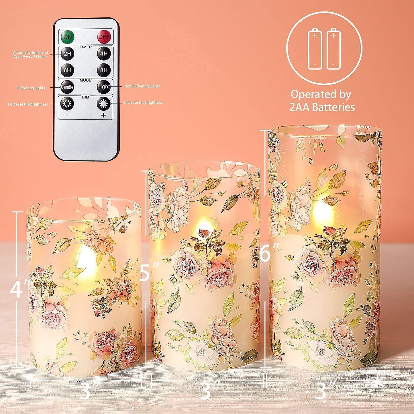 MELTONE Rose Flameless Candles Love Theme Glass Pink LED Candles with Remote - Home Wedding Bedroom Room Christmas Valentine's Day Decor - Set of 3