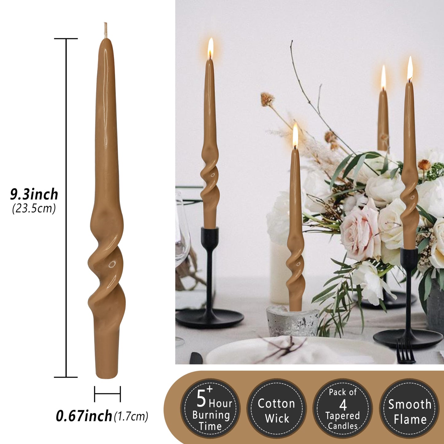 Taper Candle Spiral Candlesticks Brown Twisted Candles Long Unscented Candle Sticks Smokeless Tapered Candles for Dinner Wedding Home Table Decor Housewarming