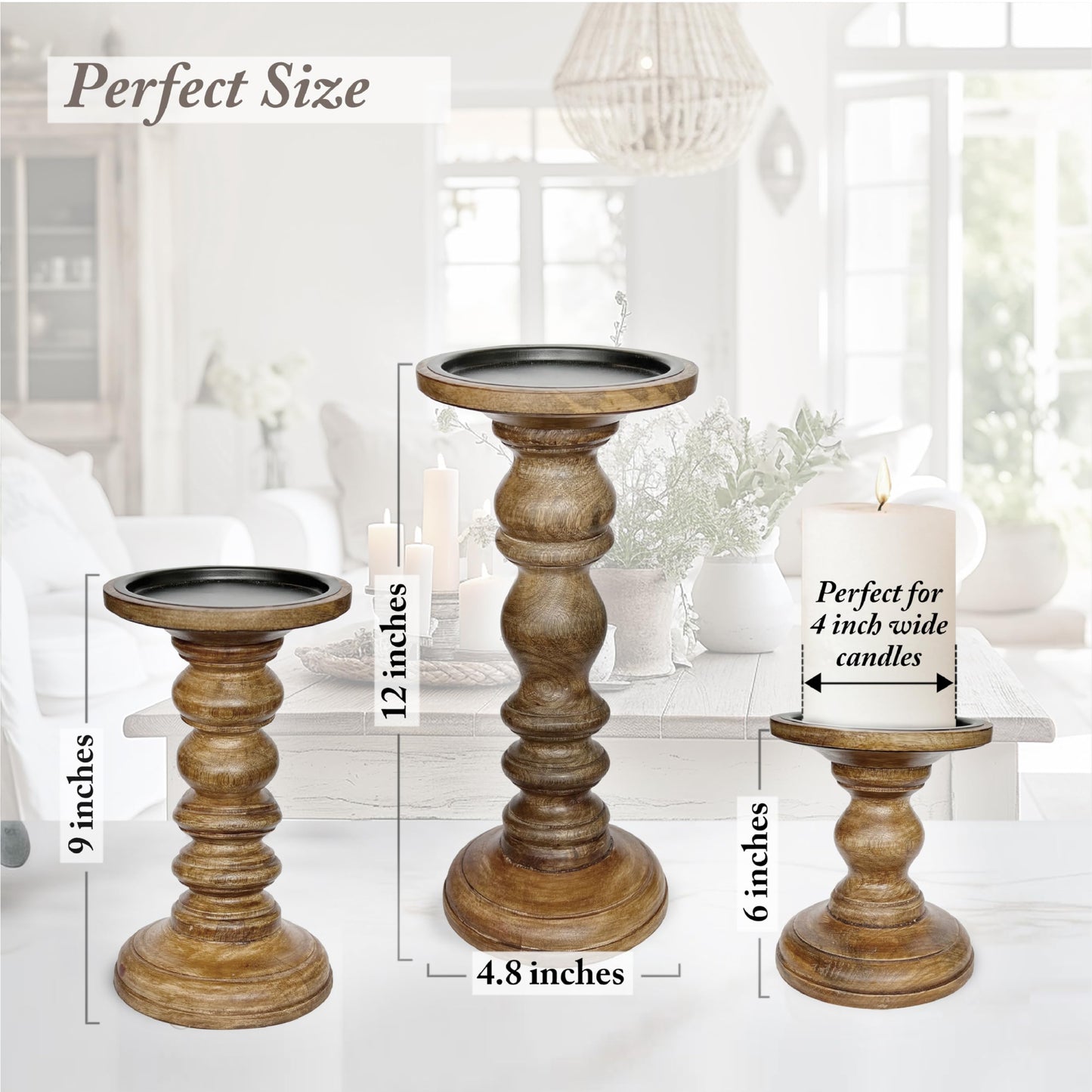 My Fancy Farmhouse Large Wood Candle Holders (Set of 3) - Tall Rustic Pillar Candlestick Stands - Fits 4 inch & 3 inch Pillar Candles - Modern Farmhouse Decor (Walnut Brown)