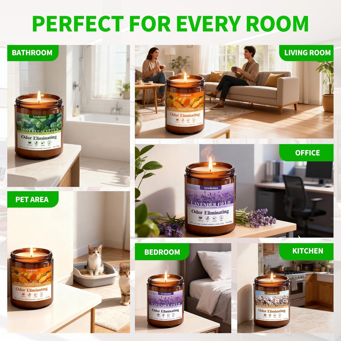 4 Pack Odor Eliminating Candles Set - Eliminates 95% of Pet, Smoke, Food & Other Smells - Hand Poured Non-Toxic Soy Candle, Air Freshing Scent of Lavender/Orange/Mint/Cotton - Gifts Set for Women
