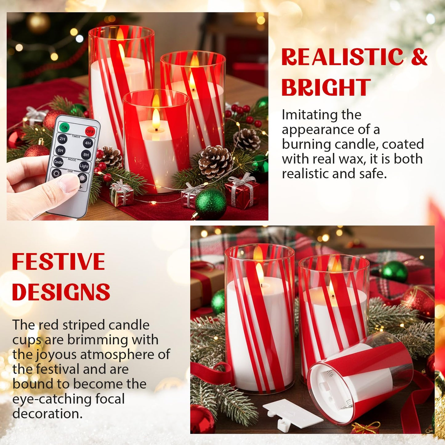 Glooglitter 3 Pcs Candy Cane Flameless Candles with Remote Timers Red Stripe Glass Candlestick Christmas Battery Operated Candles LED Flickering Candlestick for Christmas Party Home Decor